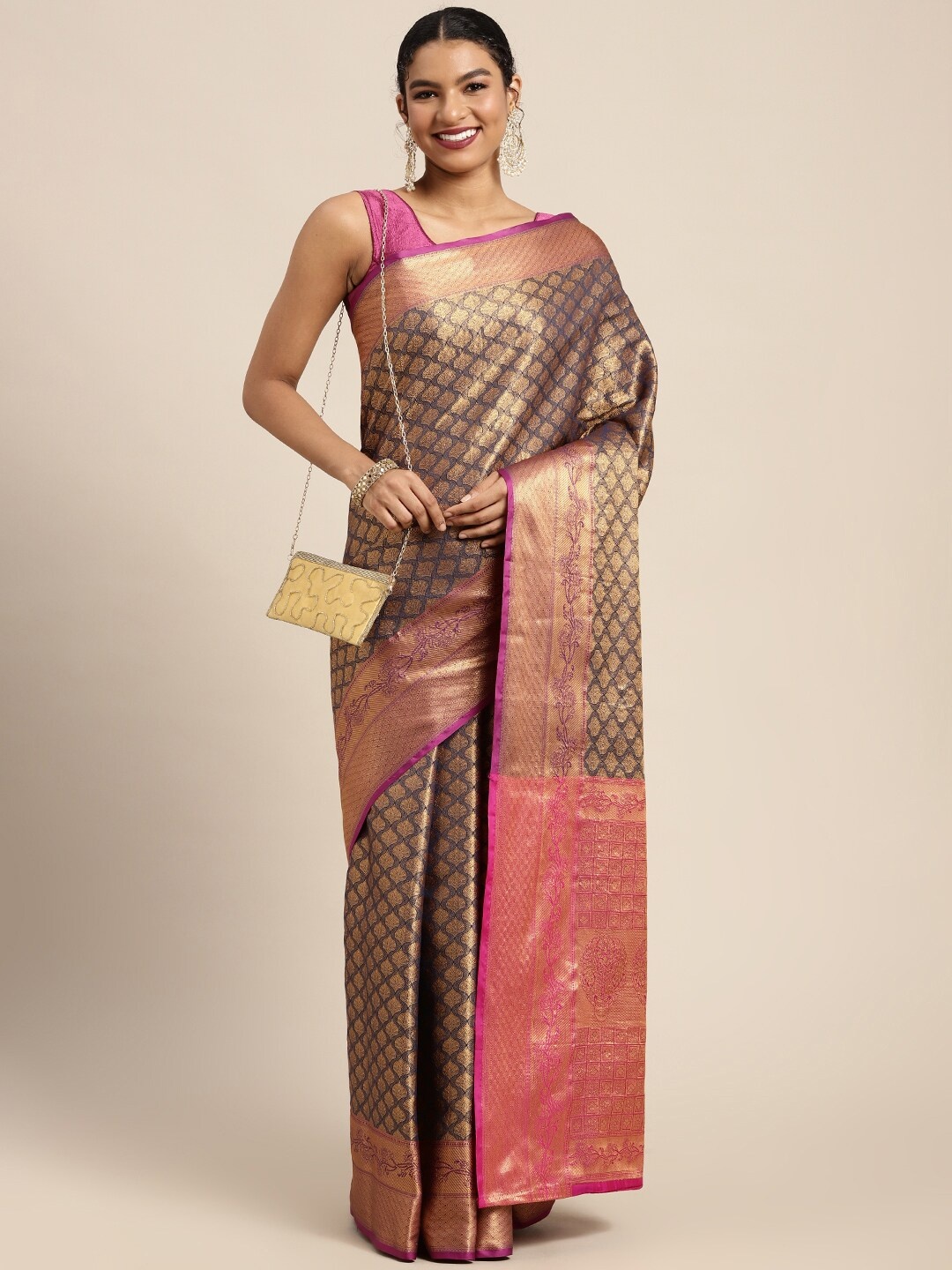 

Silk Land Navy Blue & Golden Ethnic Motifs Zari Kanjeevaram Saree