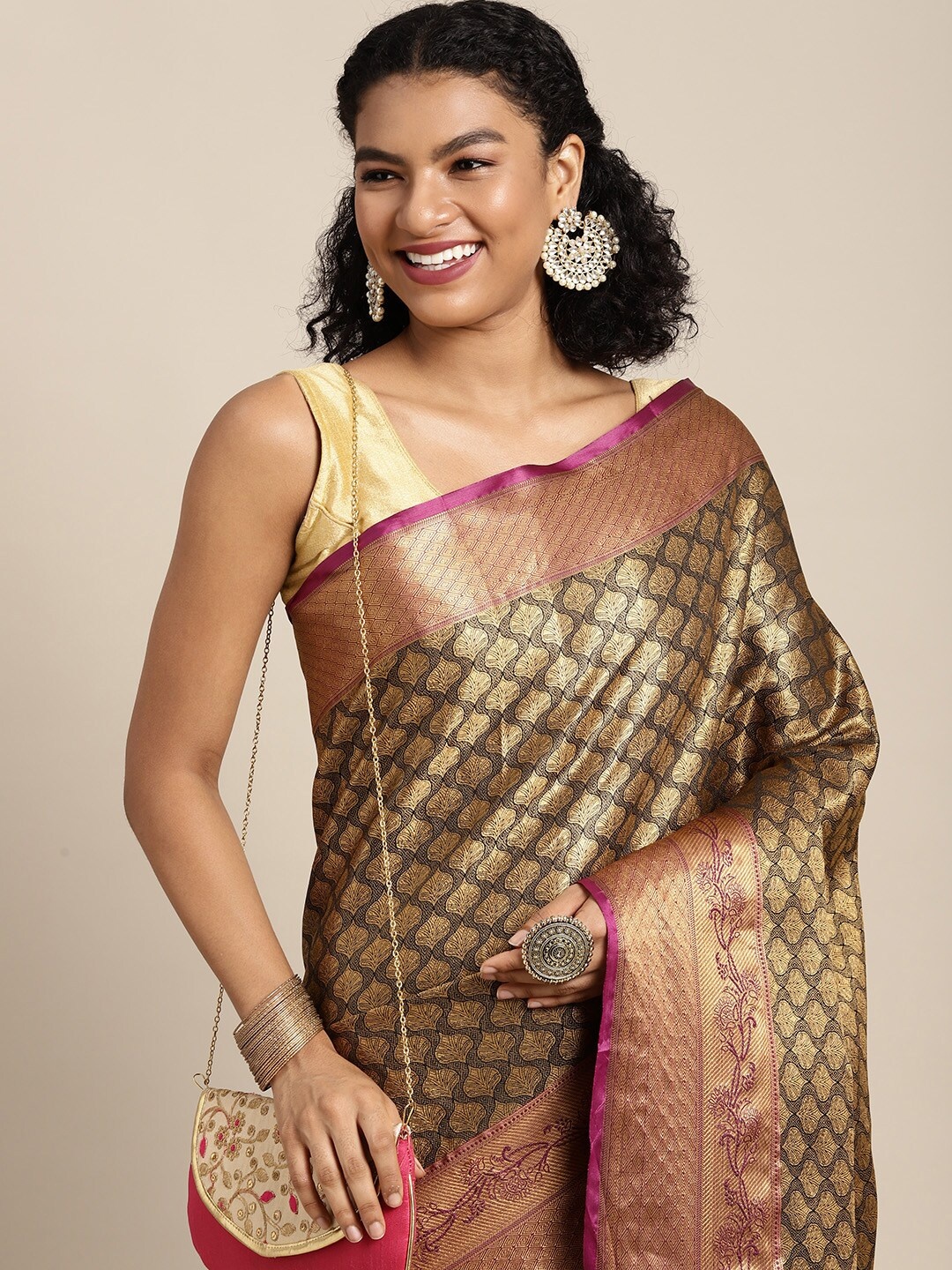 

Silk Land Black & Golden Ethnic Motifs Zari Kanjeevaram Saree