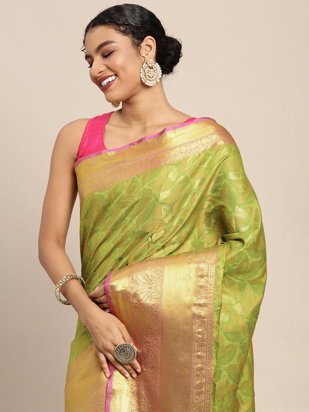 

Silk Land Green & Golden Floral Zari Banarasi Saree