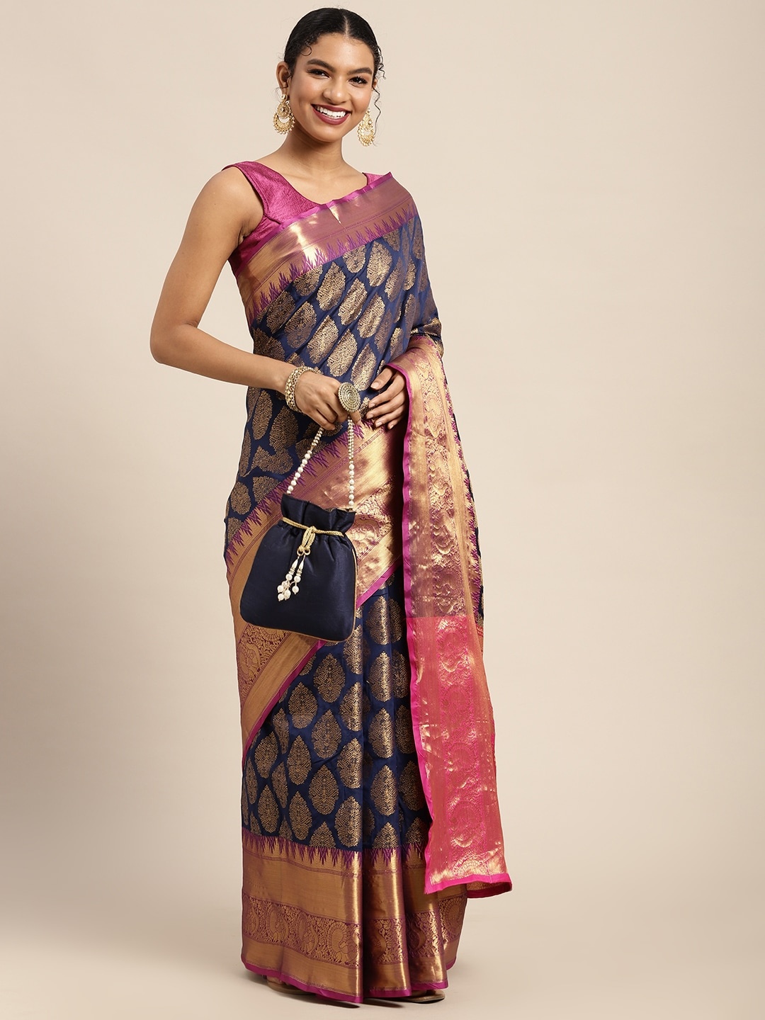 

Silk Land Navy Blue & Golden Ethnic Motifs Zari Banarasi Saree