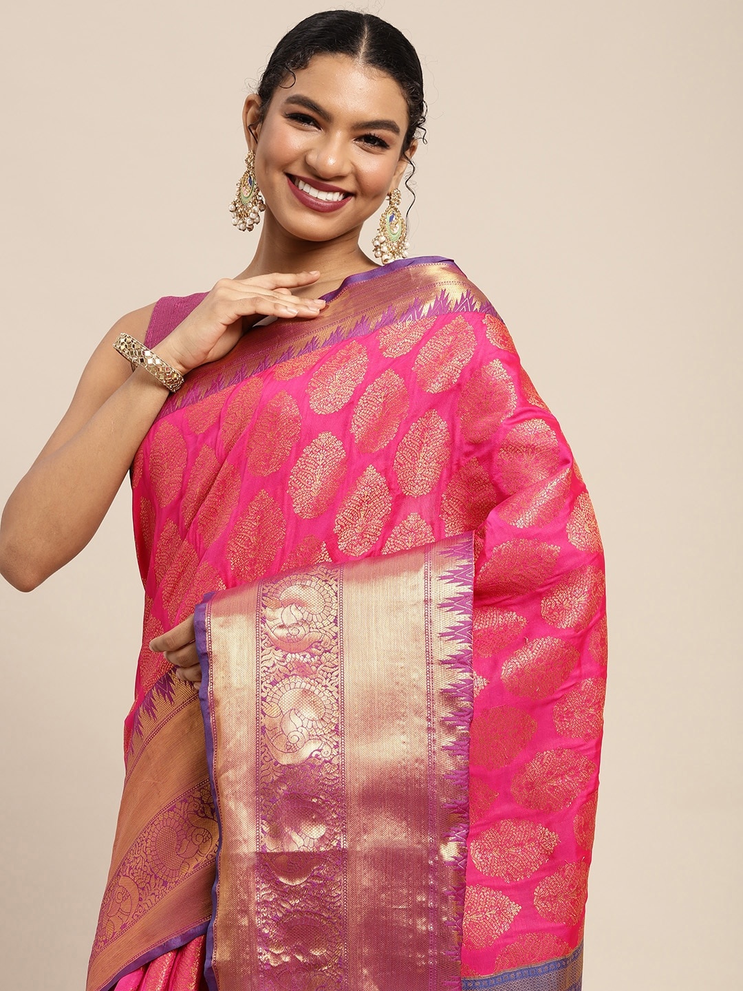 

Silk Land Pink & Golden Ethnic Motifs Zari Banarasi Saree