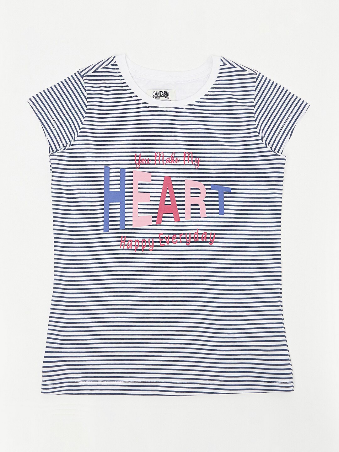 

Cantabil Girls White & Navy Blue Striped Extended Sleeves Cotton T-shirt