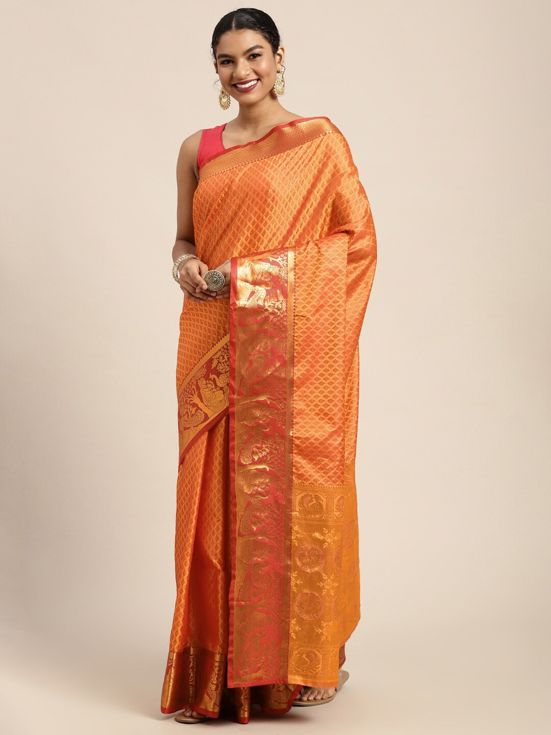 

Silk Land Red & Golden Ethnic Motifs Zari Pure Silk Banarasi Saree