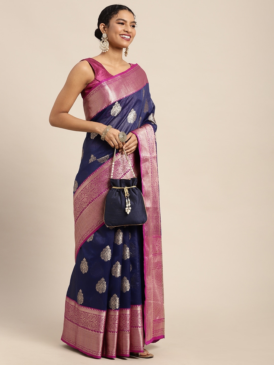 

Silk Land Navy Blue & Golden Ethnic Motifs Zari Banarasi Saree