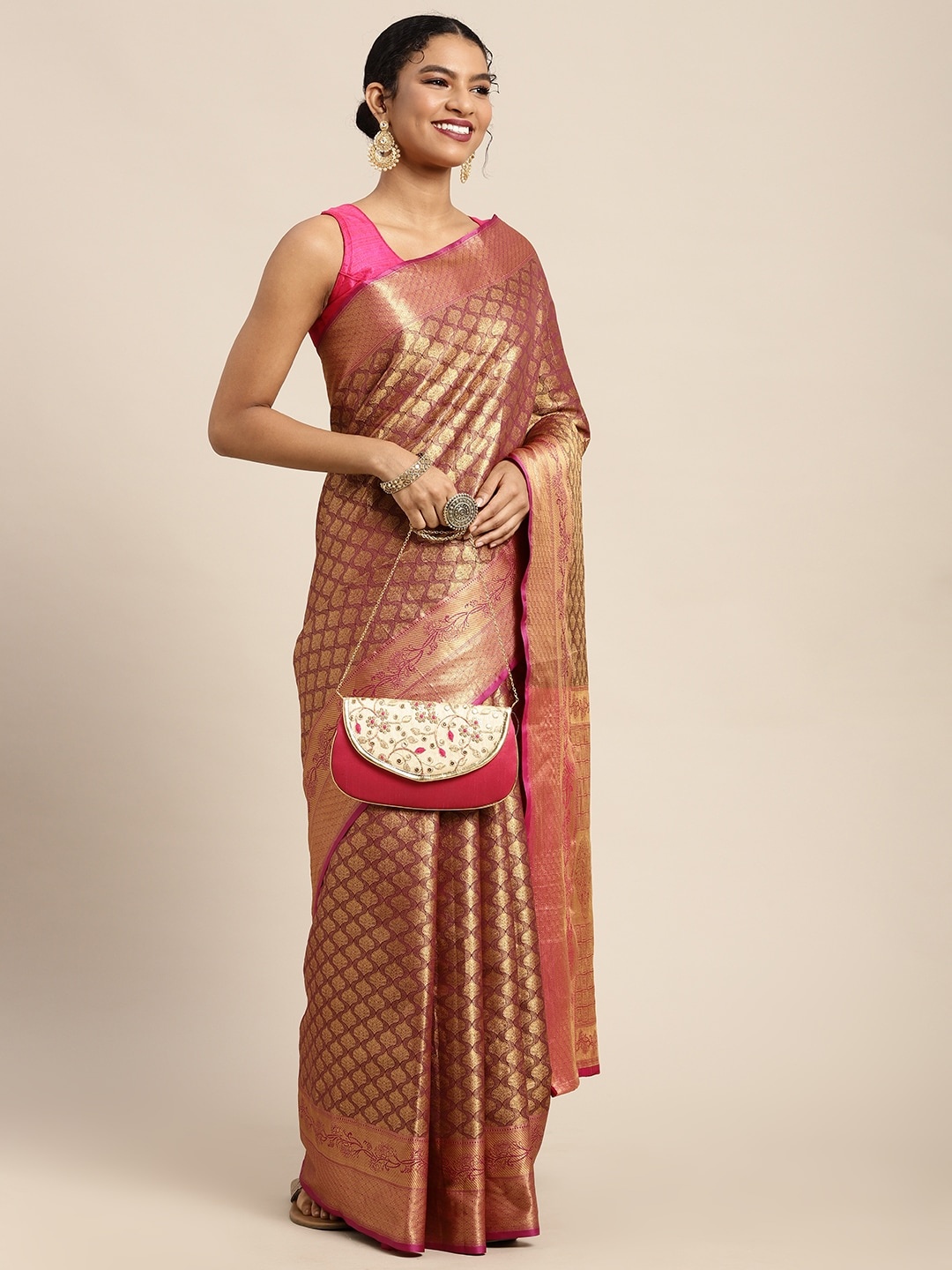 

Silk Land Red & Golden Ethnic Motifs Zari Kanjeevaram Saree