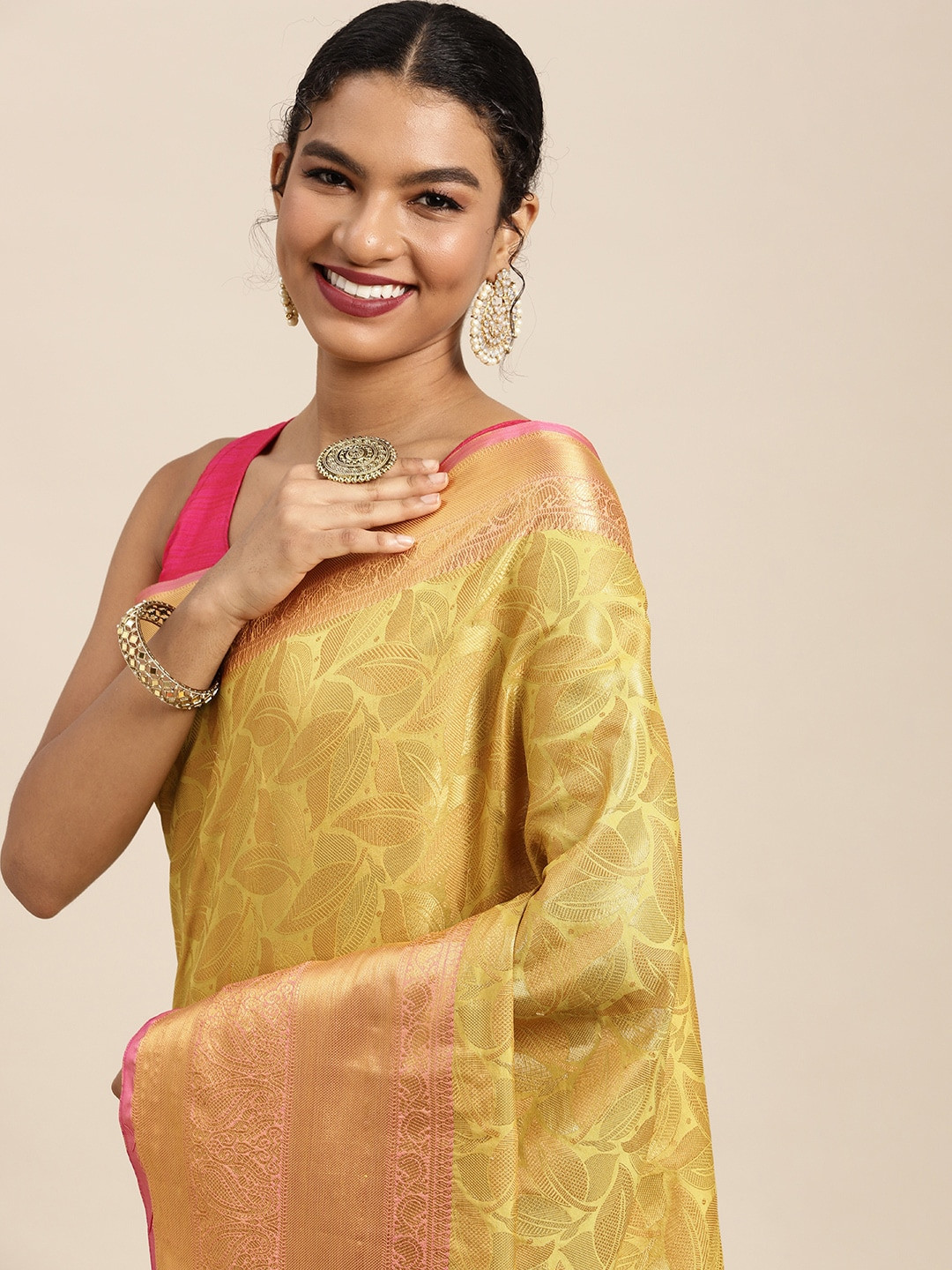 

Silk Land Yellow Floral Zari Banarasi Saree