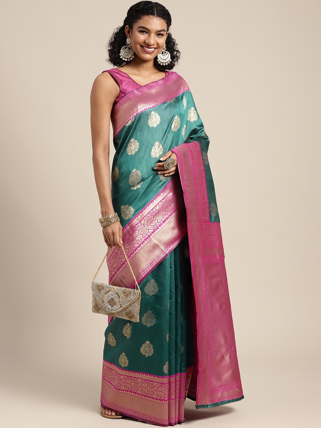 

Silk Land Teal Green & Golden Ethnic Motifs Zari Banarasi Saree