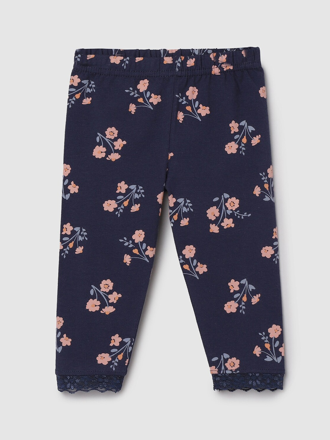 

max Infant Girls Navy-Blue & Pink Printed Ankle-Length Leggings