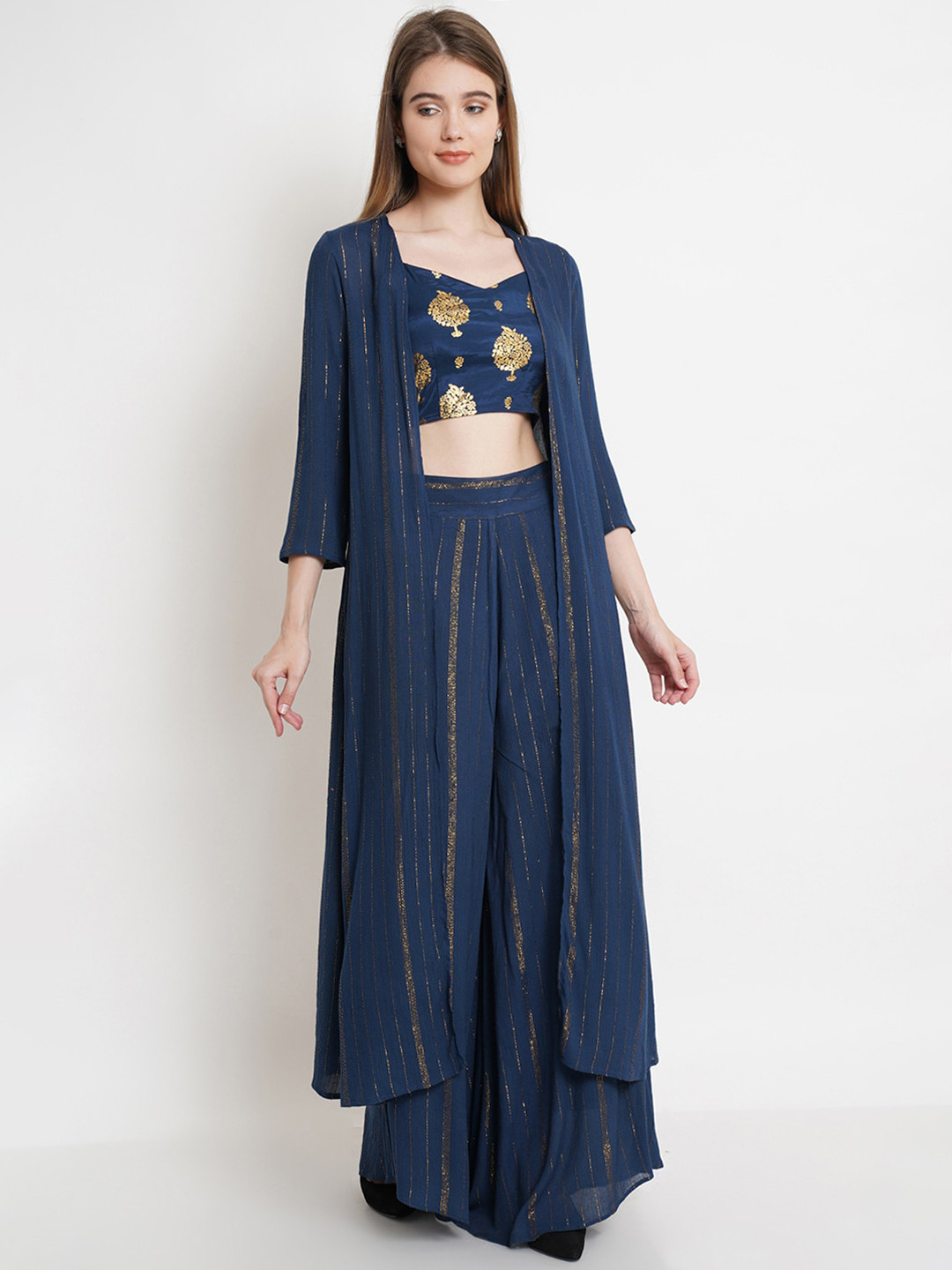 

Purple State Women Navy Blue Floral Pure Cotton Kurta with Palazzos & Shrug