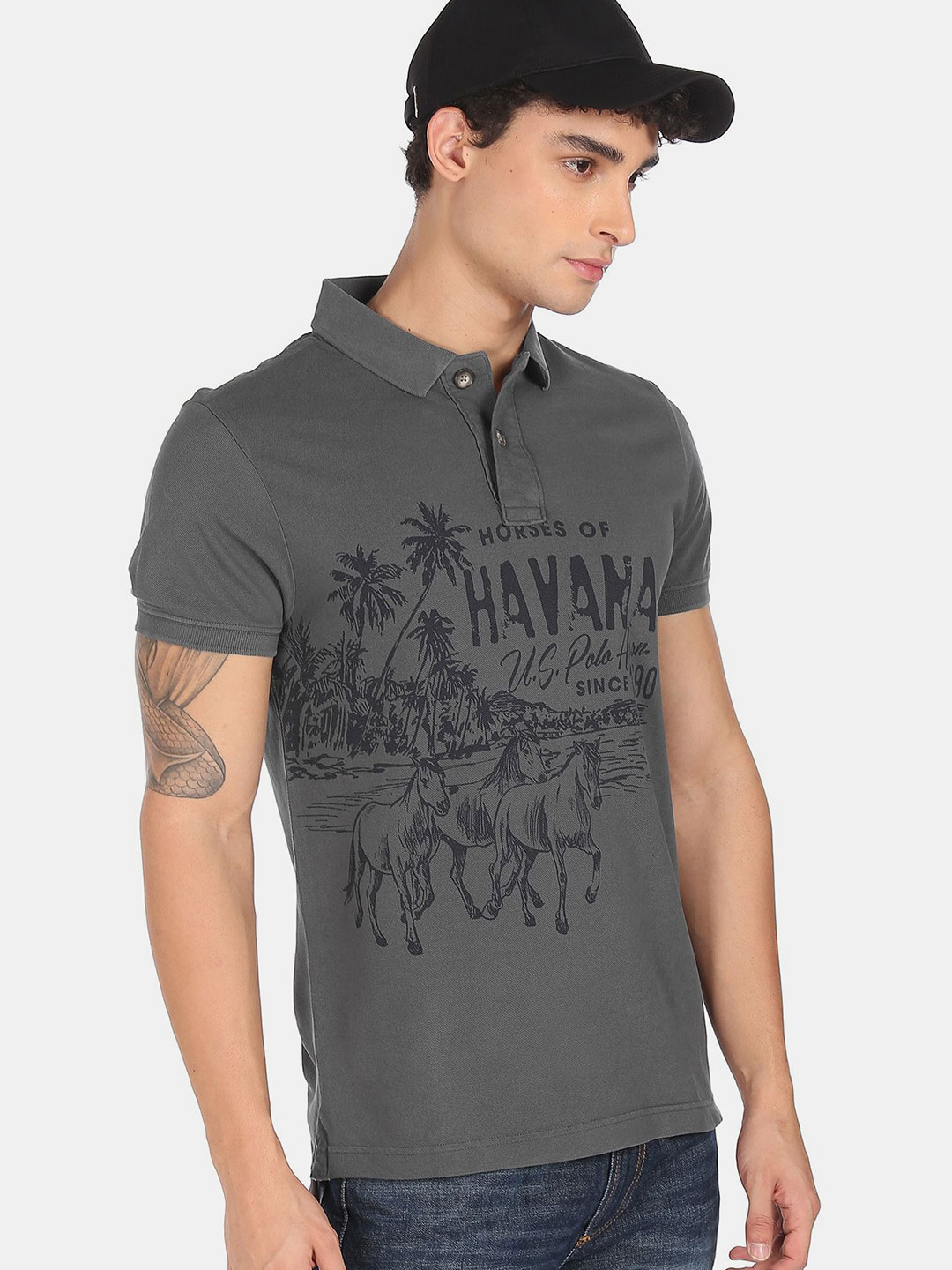 

U.S. Polo Assn. Denim Co. Men Charcoal Printed Polo Collar Pure Cotton T-shirt