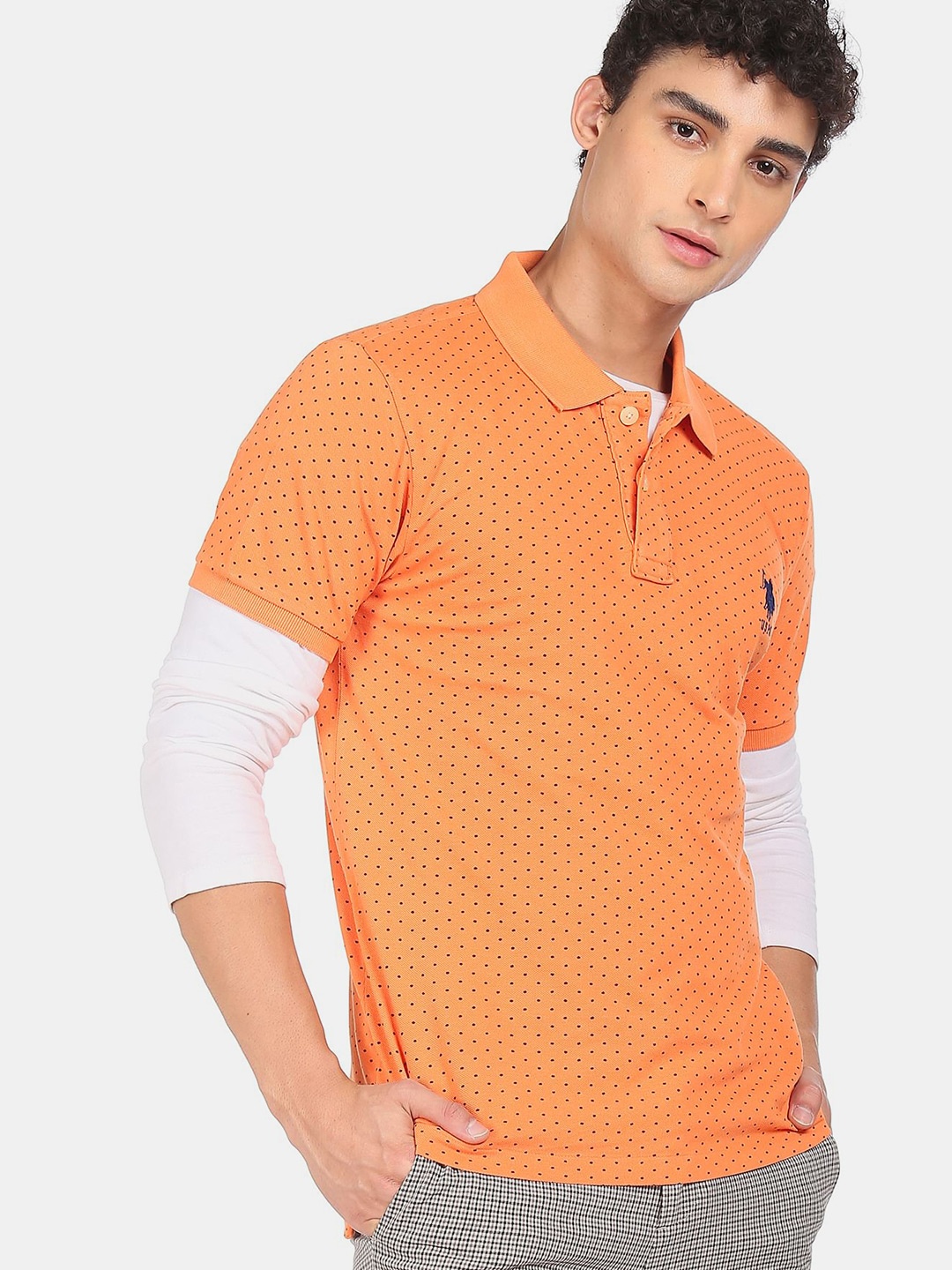 

U.S. Polo Assn. Men Orange & Black Print Polo Collar Pure Cotton T-shirt