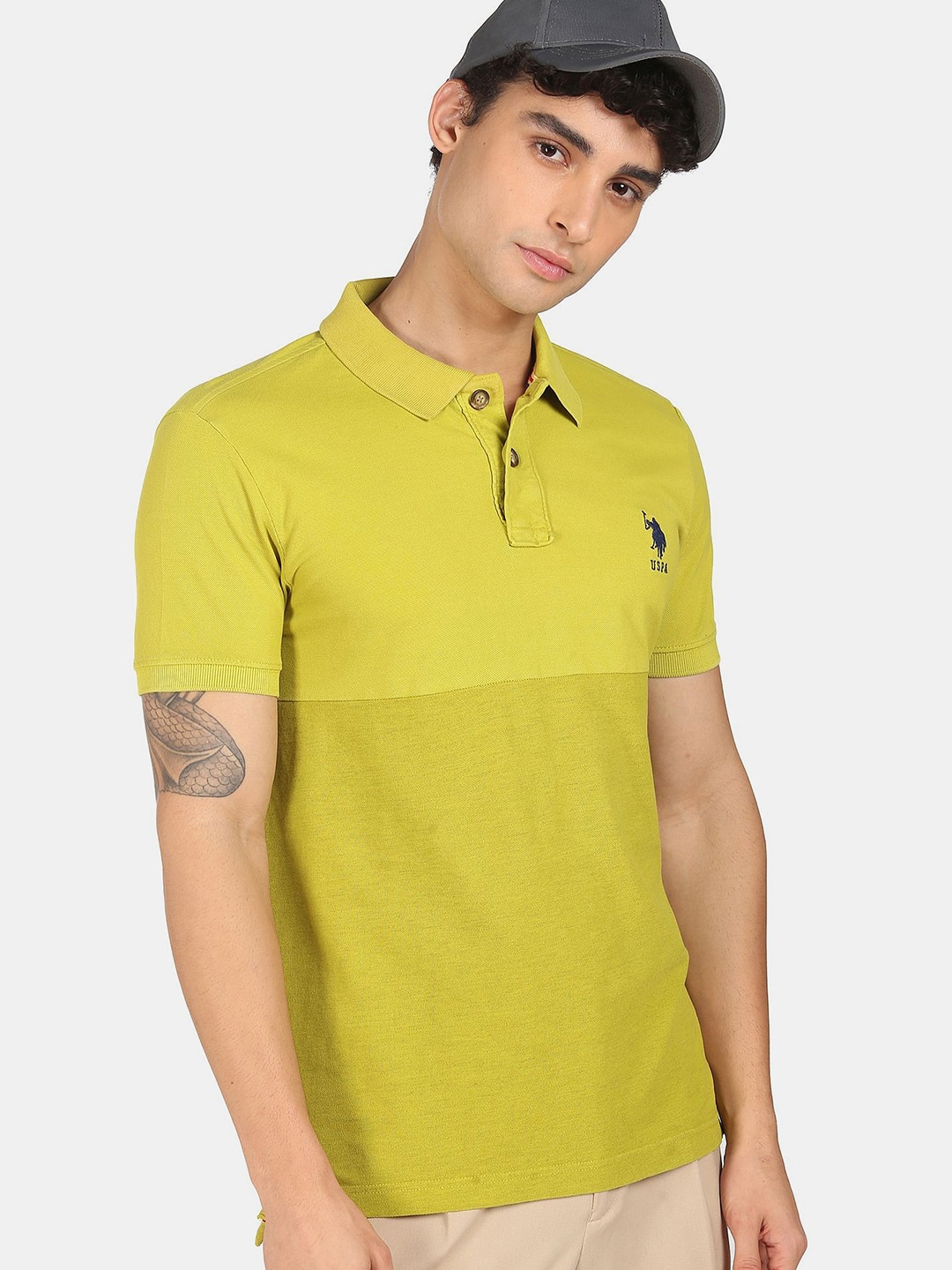 

U.S. Polo Assn. Denim Co. Men Lime Green Polo Collar Cotton T-shirt
