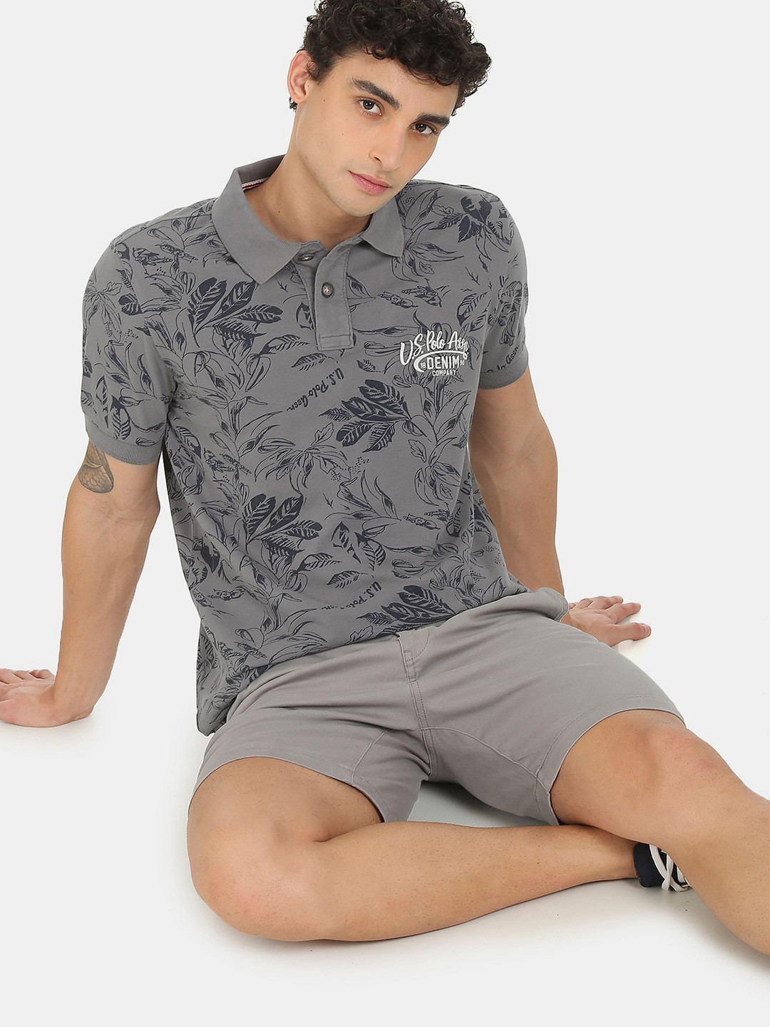 

U.S. Polo Assn. Denim Co. Men Charcoal Floral Printed Polo Collar Pure Cotton T-shirt