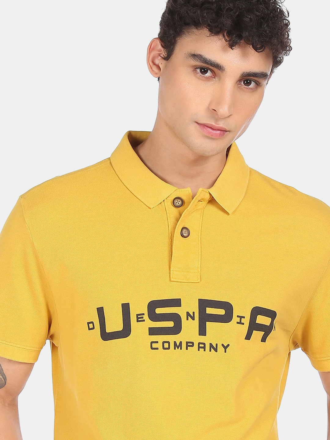 

U.S. Polo Assn. Denim Co. Men Yellow & Black Brand Logo Print Pure Cotton T-shirt