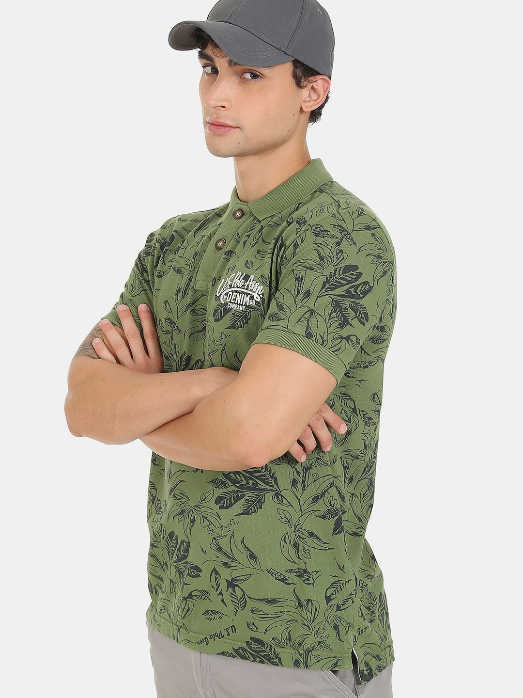 

U S Polo Assn Denim Co Men Green Floral Printed Pure Cotton Polo Collar T-shirt