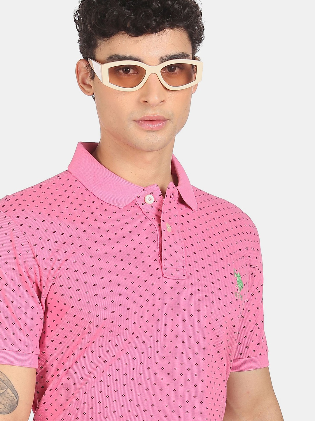 

U S Polo Assn Men Pink Printed Polo Collar Cotton T-shirt