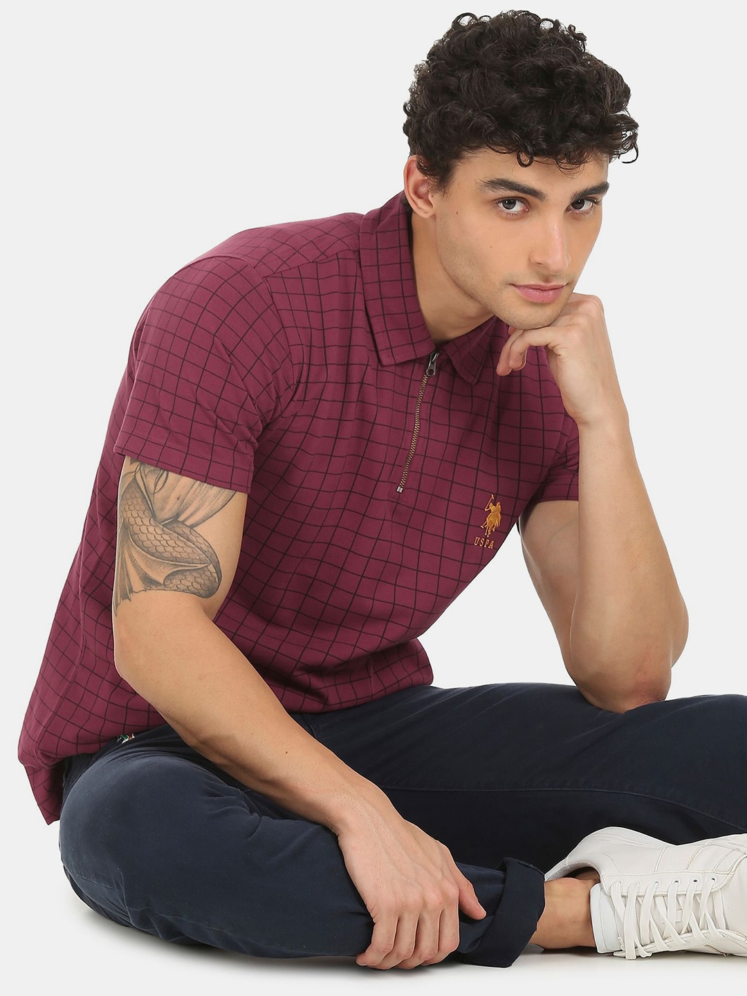 

U S Polo Assn Men Purple Checked Polo Collar Cotton T-shirt