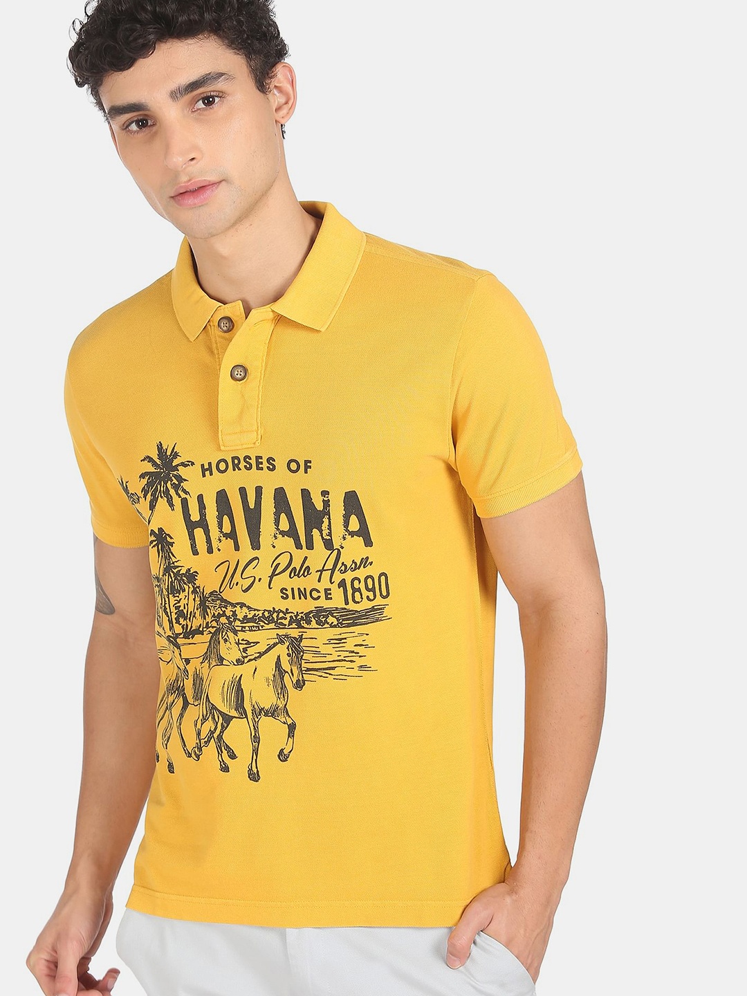 

U.S. Polo Assn. Denim Co. Men Yellow & Black Printed Polo Collar Pure Cotton T-shirt