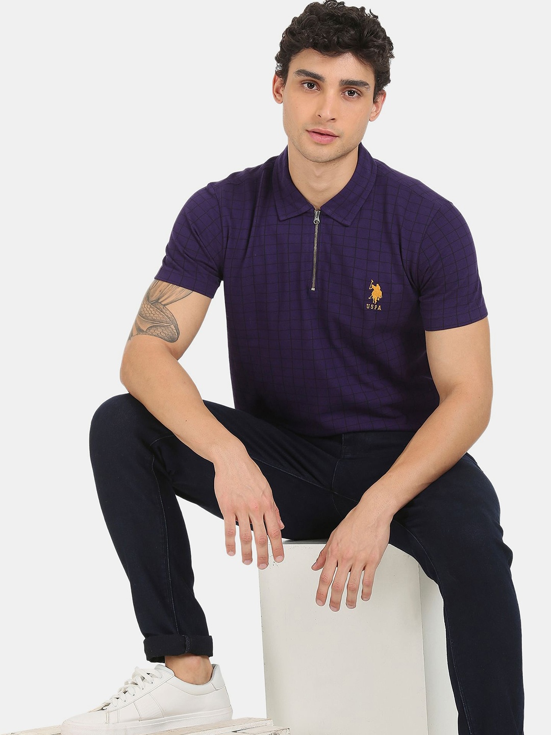 

U S Polo Assn Men Purple Checked Polo Collar Cotton T-shirt