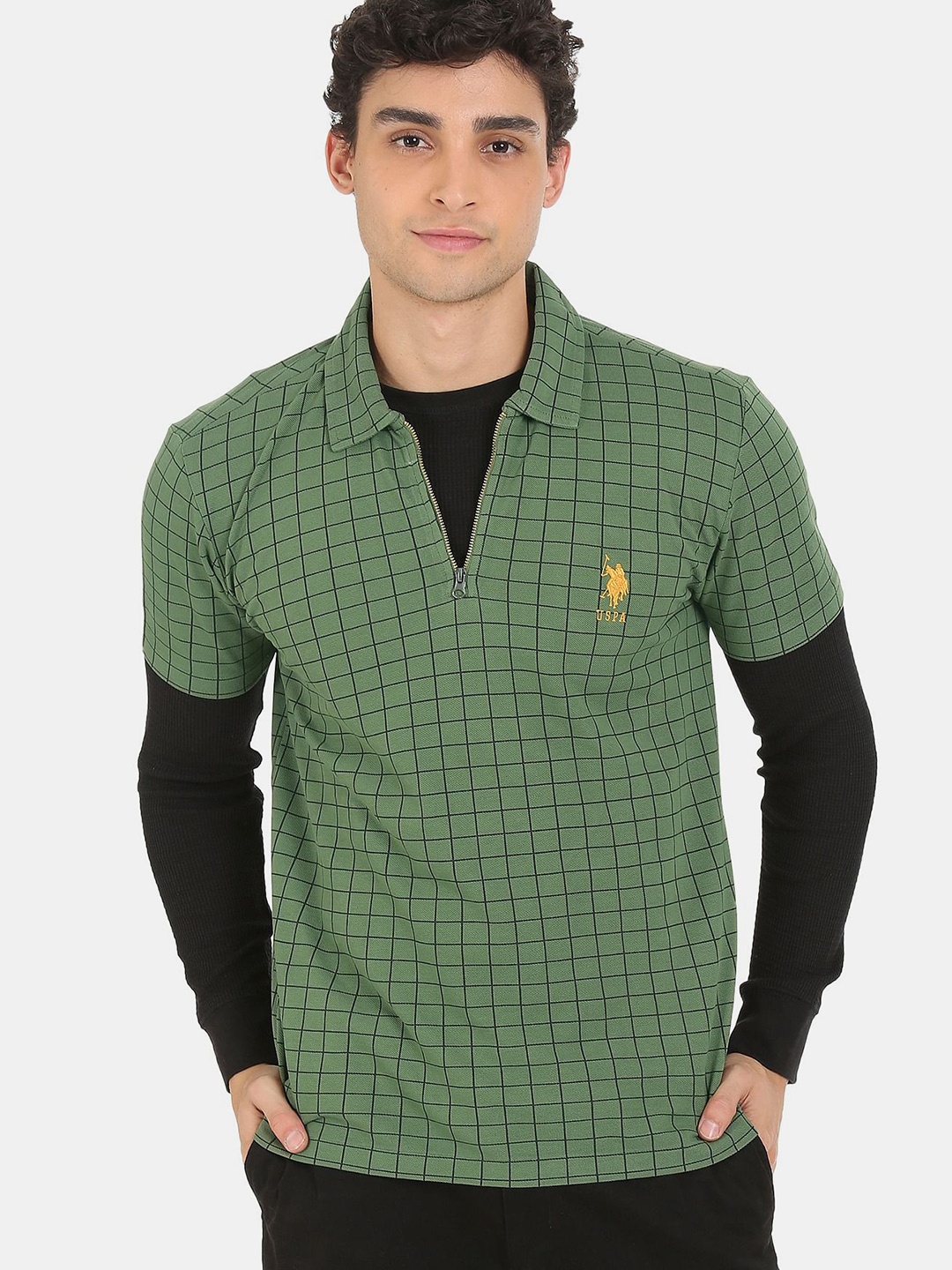 

U S Polo Assn Men Green Printed Polo Collar Cotton T-shirt