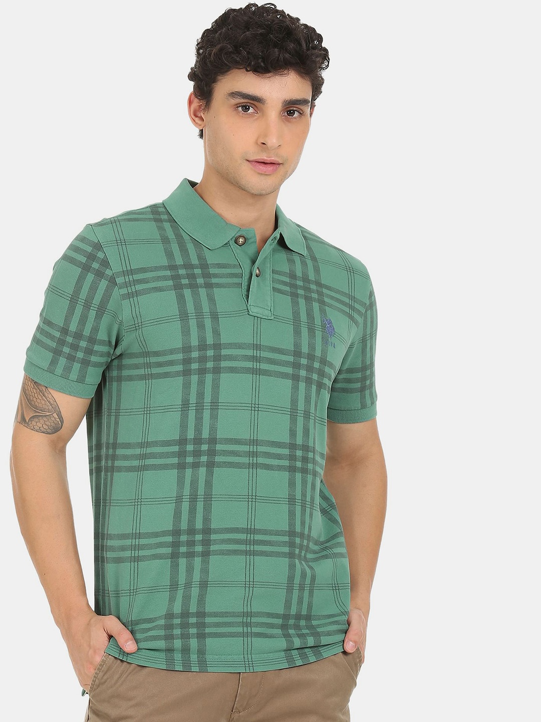 

U S Polo Assn Denim Co Men Green Checked Pure Cotton Polo Collar T-shirt