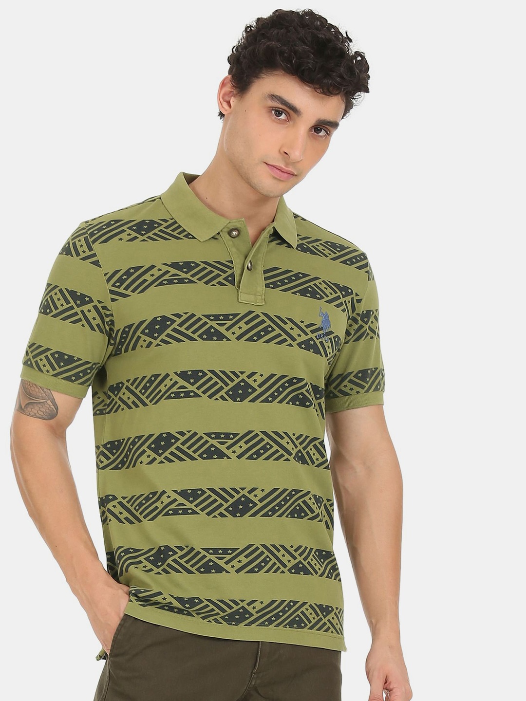 

U.S. Polo Assn. Denim Co. Men Green Printed Polo Collar Pure Cotton T-shirt