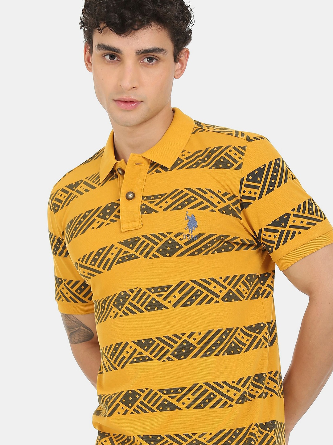 

U S Polo Assn Denim Co Men Mustard Yellow Printed Polo Collar T-shirt