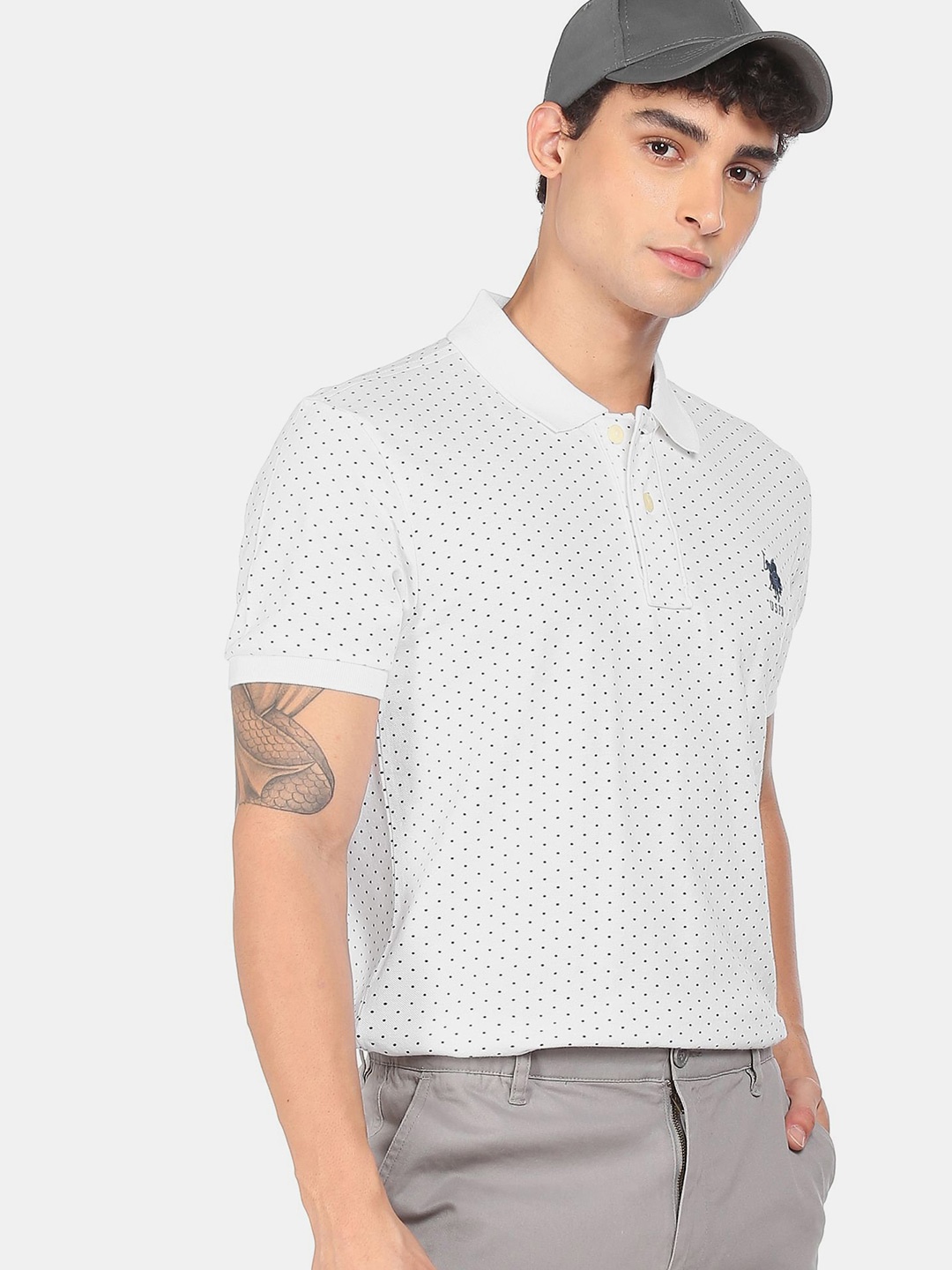 

U.S. Polo Assn. Men White & Black Printed Polo Collar Pure Cotton T-shirt