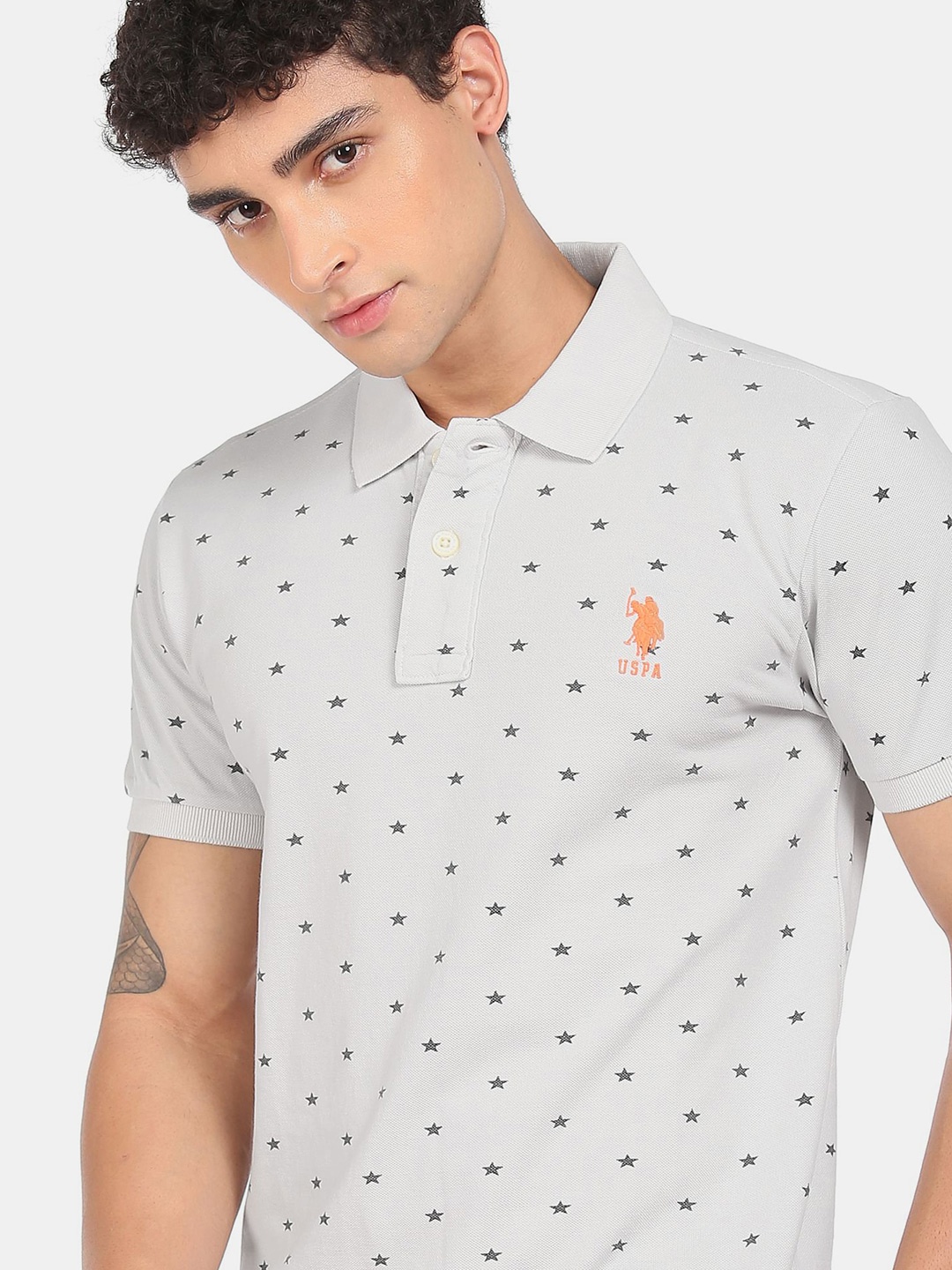 

U S Polo Assn Men Grey Printed Polo Collar Pure Cotton T-shirt