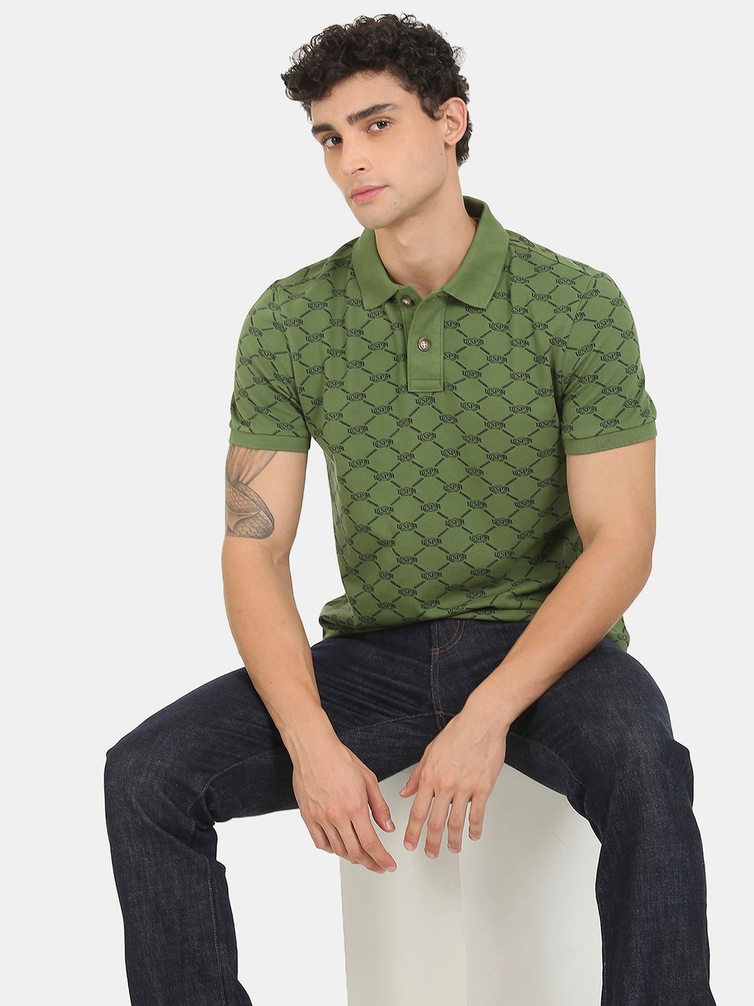 

U S Polo Assn Denim Co Men Green Striped Polo Collar T-shirt