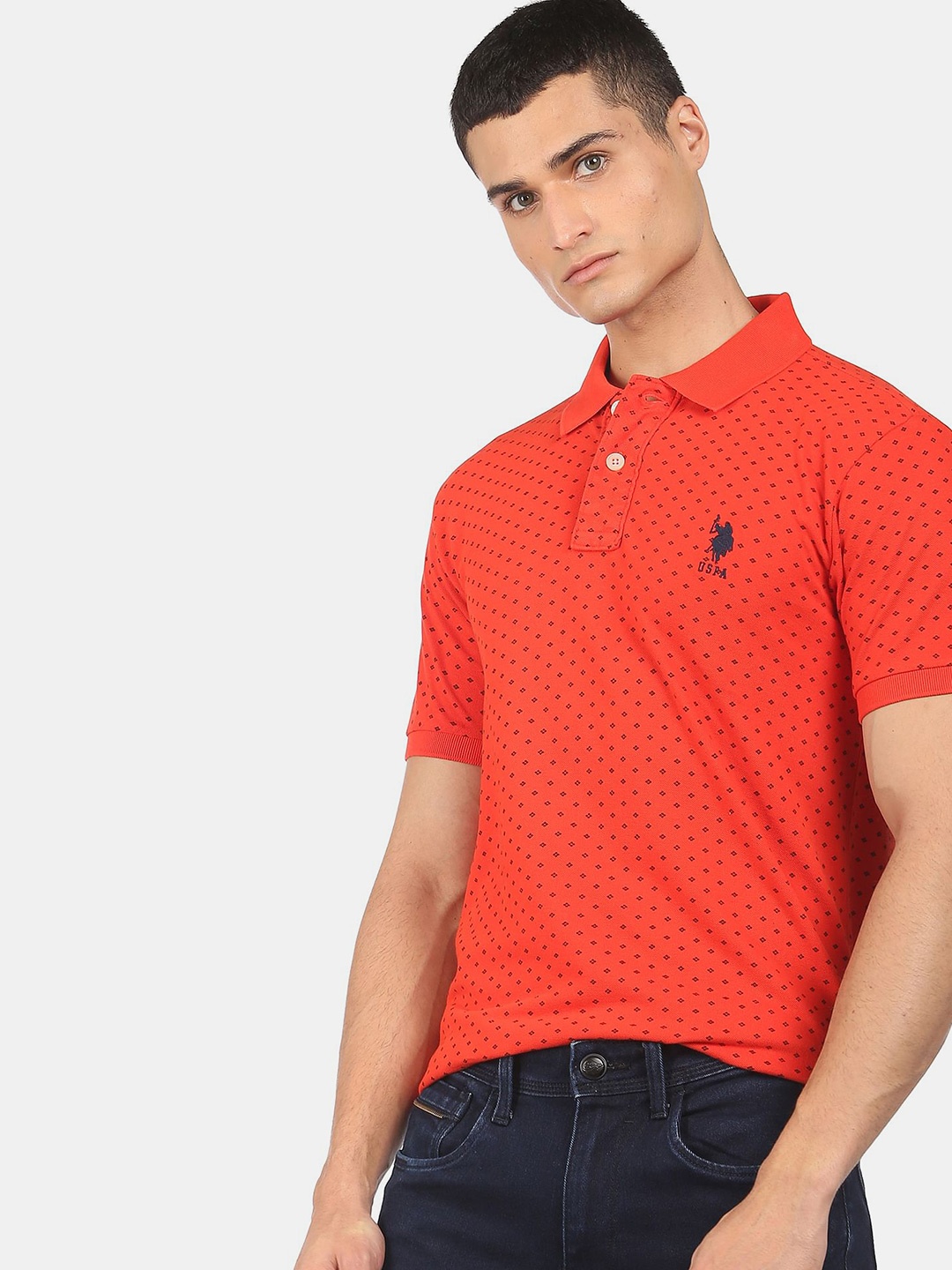 

U S Polo Assn Men Orange Printed Polo Collar Pure Cotton T-shirt