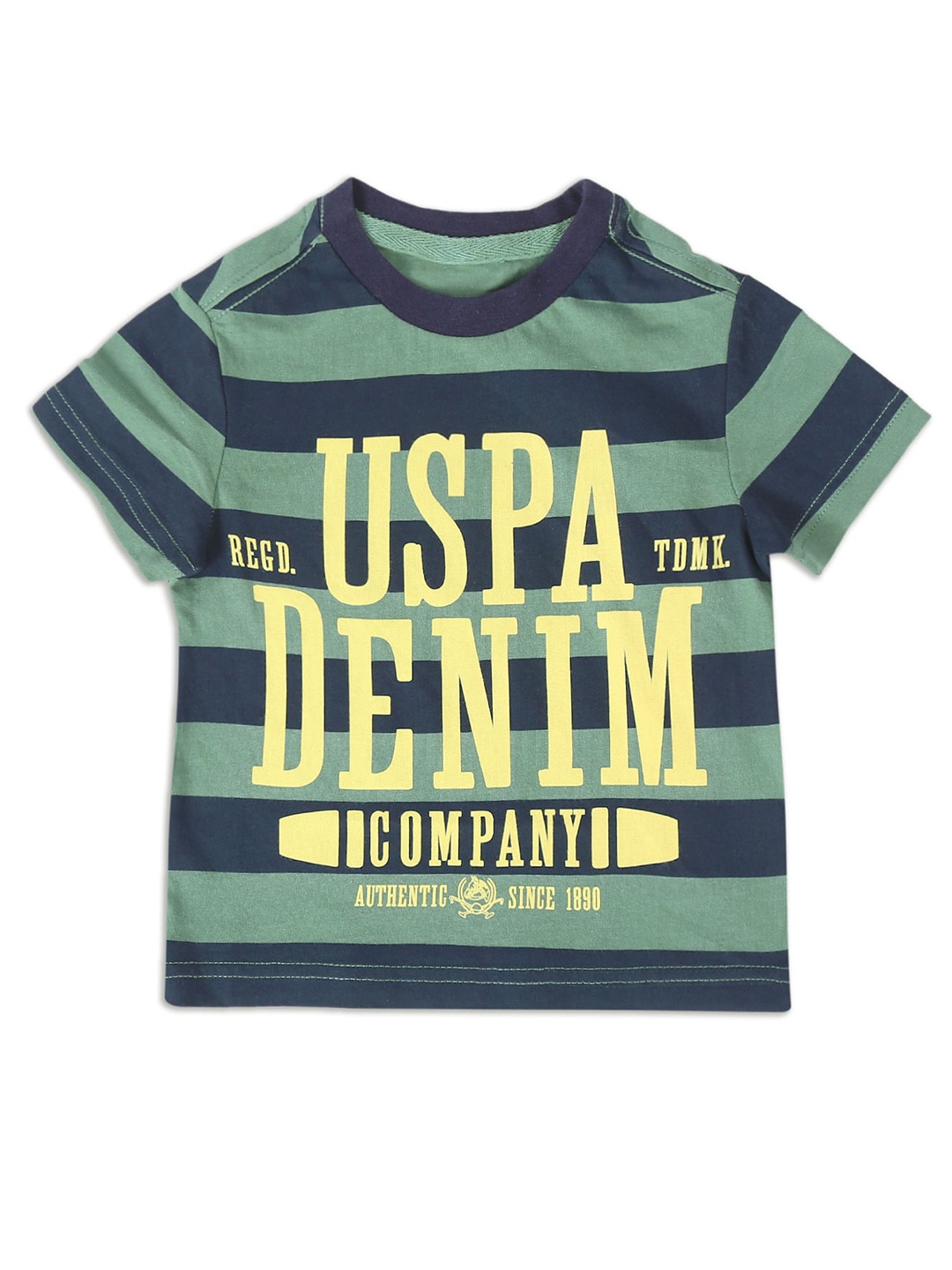 

U S Polo Assn Boys Green & Navy Blue Typography Striped Pure Cotton T-shirt