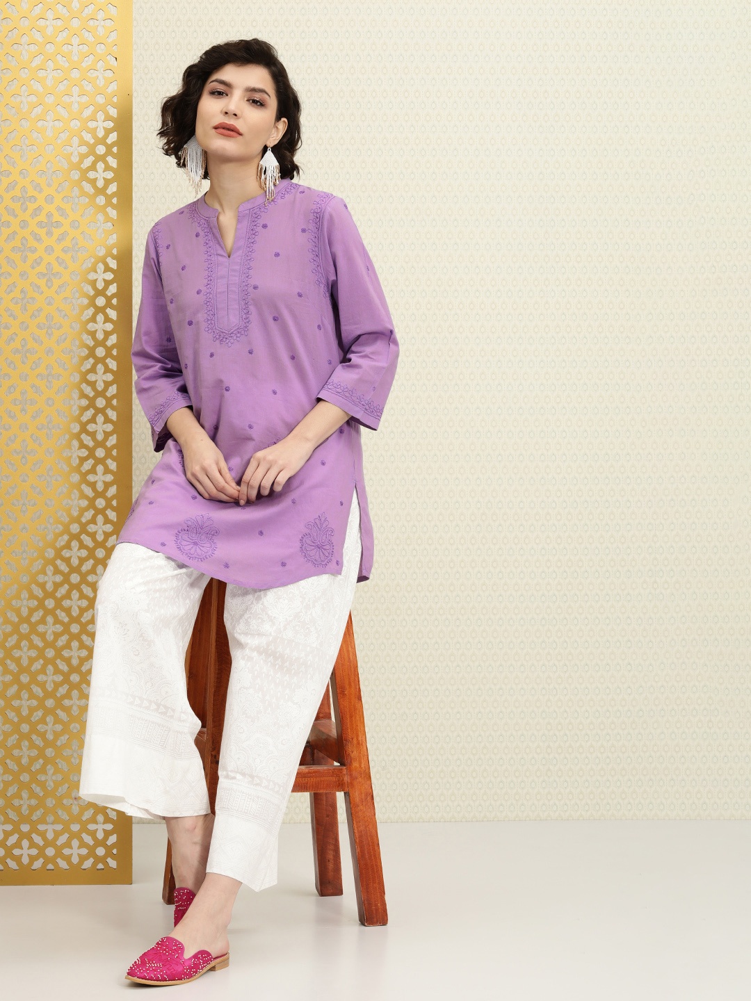 

House of Pataudi Women Purple Floral Thread Work Pure Cotton Rozana Kurta
