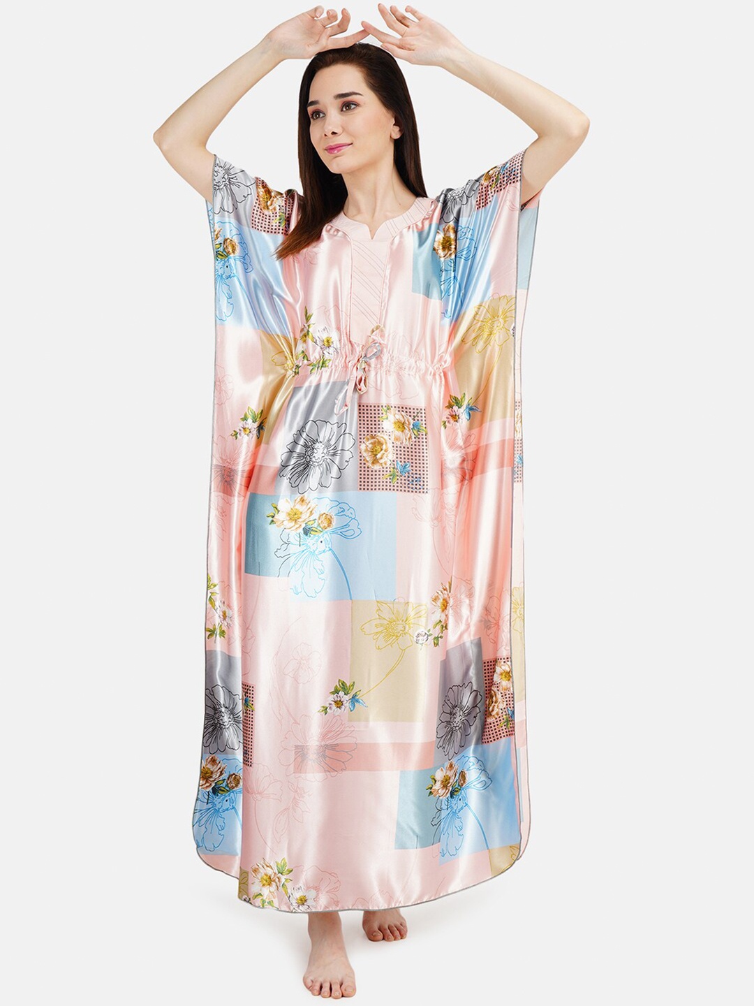 

KOI SLEEPWEAR Peach-Coloured Printed Satin Maxi Kaftan Nightdress