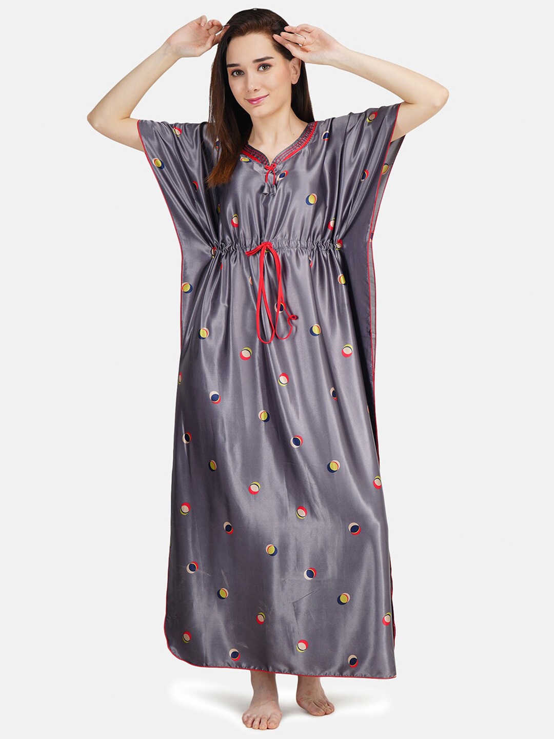 

KOI SLEEPWEAR Women Grey Printed Satin Kaftan Maxi Nightdress