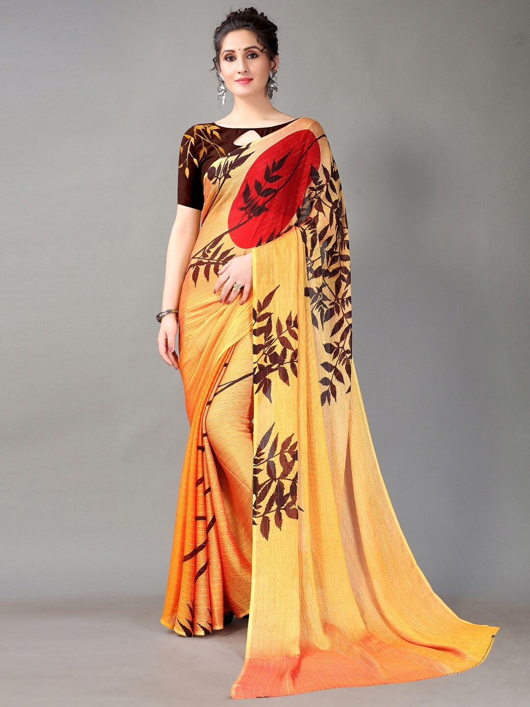 

HRITIKA Yellow & Black Floral Saree