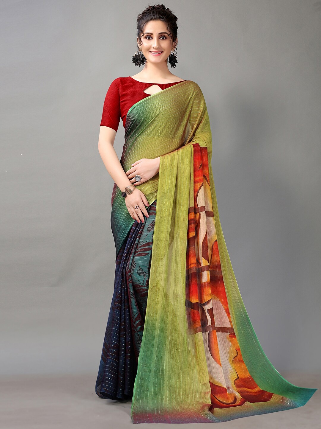 

HRITIKA Green & Red Abstract Digital Print Saree