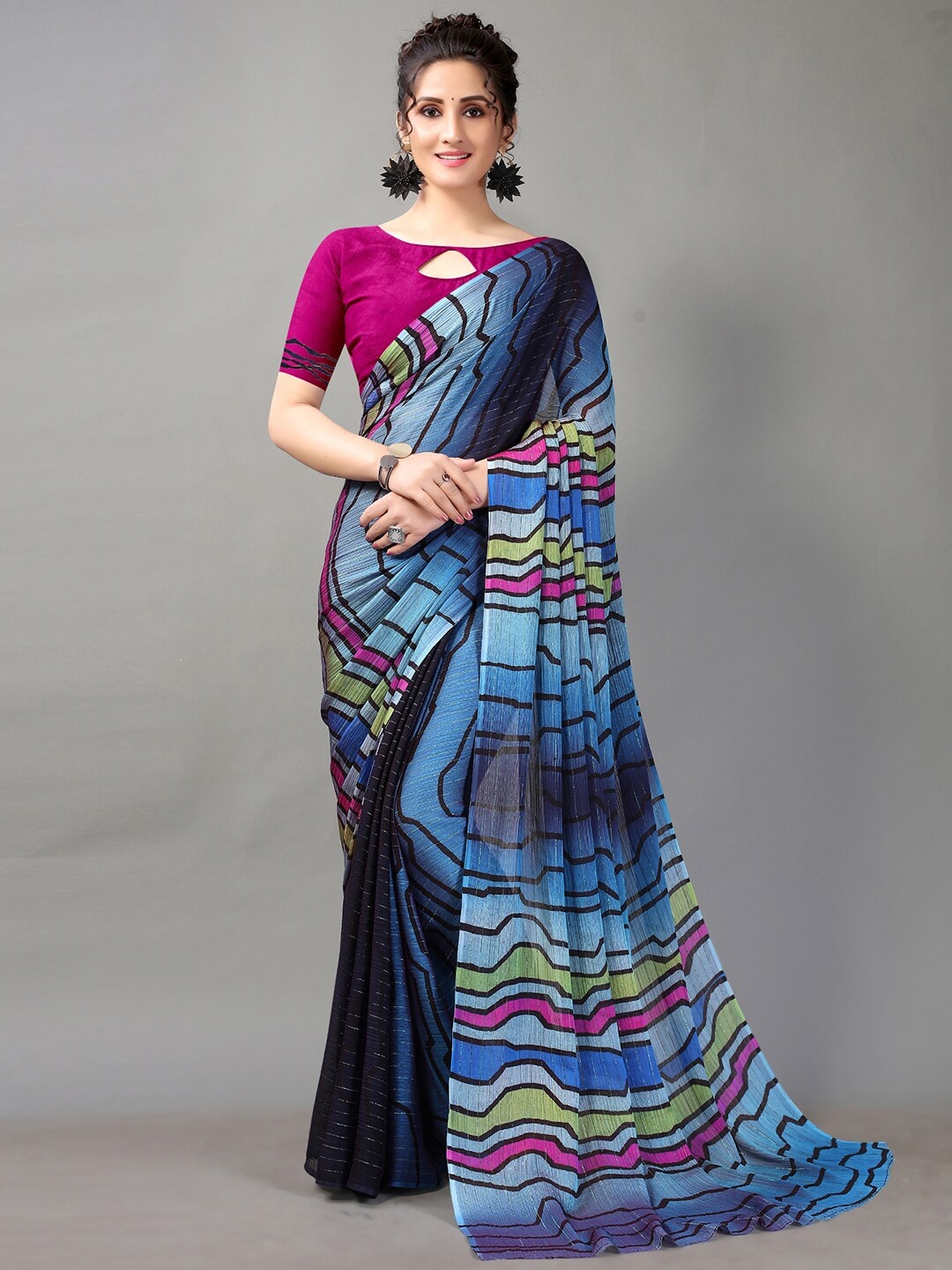 

HRITIKA Blue & Magenta Digital Striped Saree