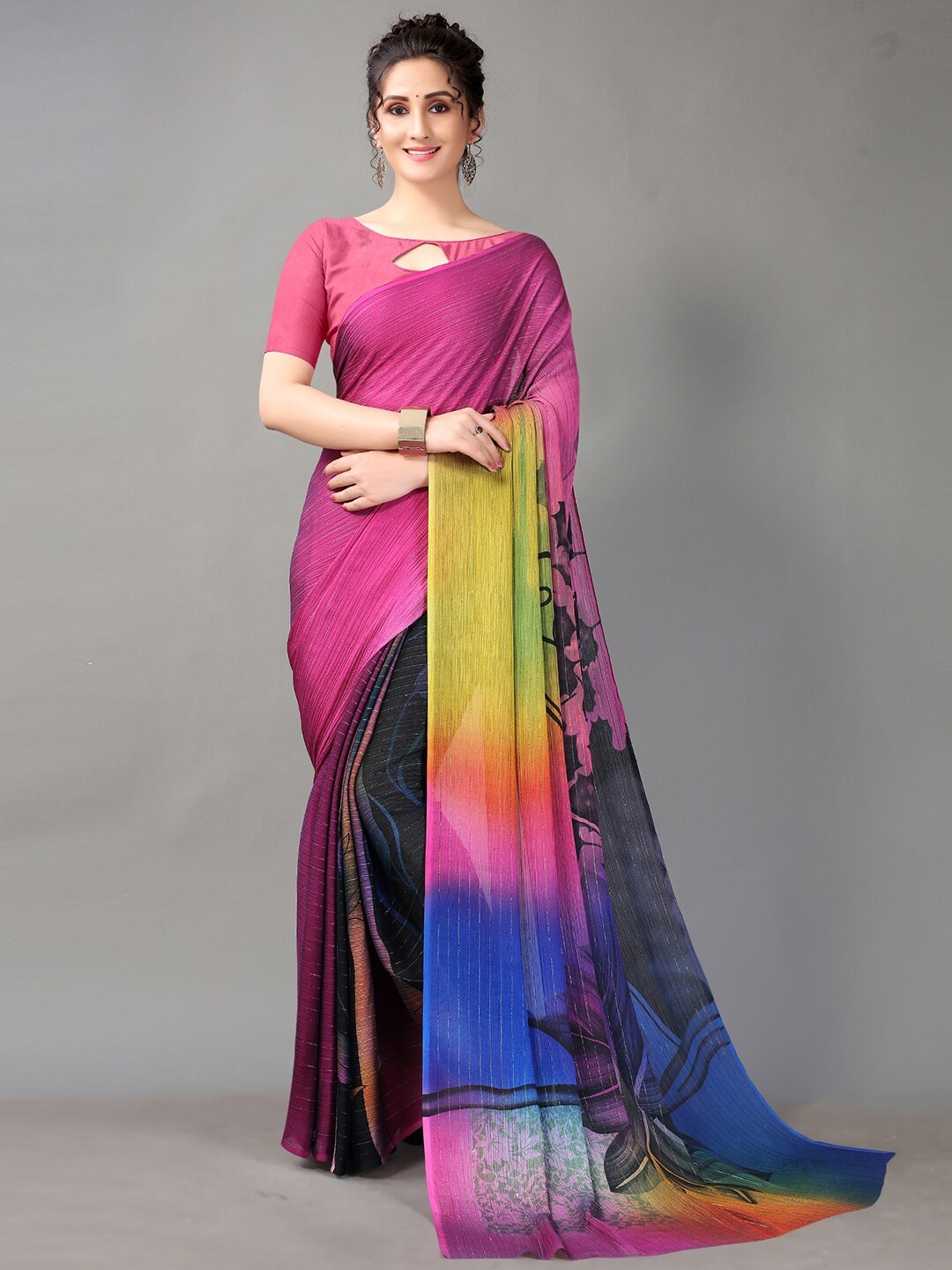 

HRITIKA Pink & Blue Colourblocked Digital Print Saree