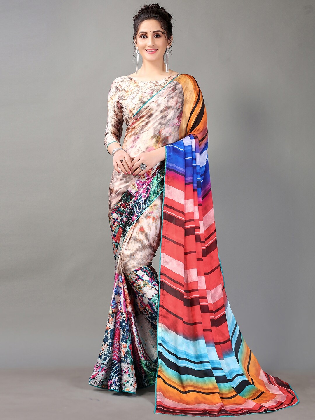 

HRITIKA Multicoloured Striped Satin Saree, Multi