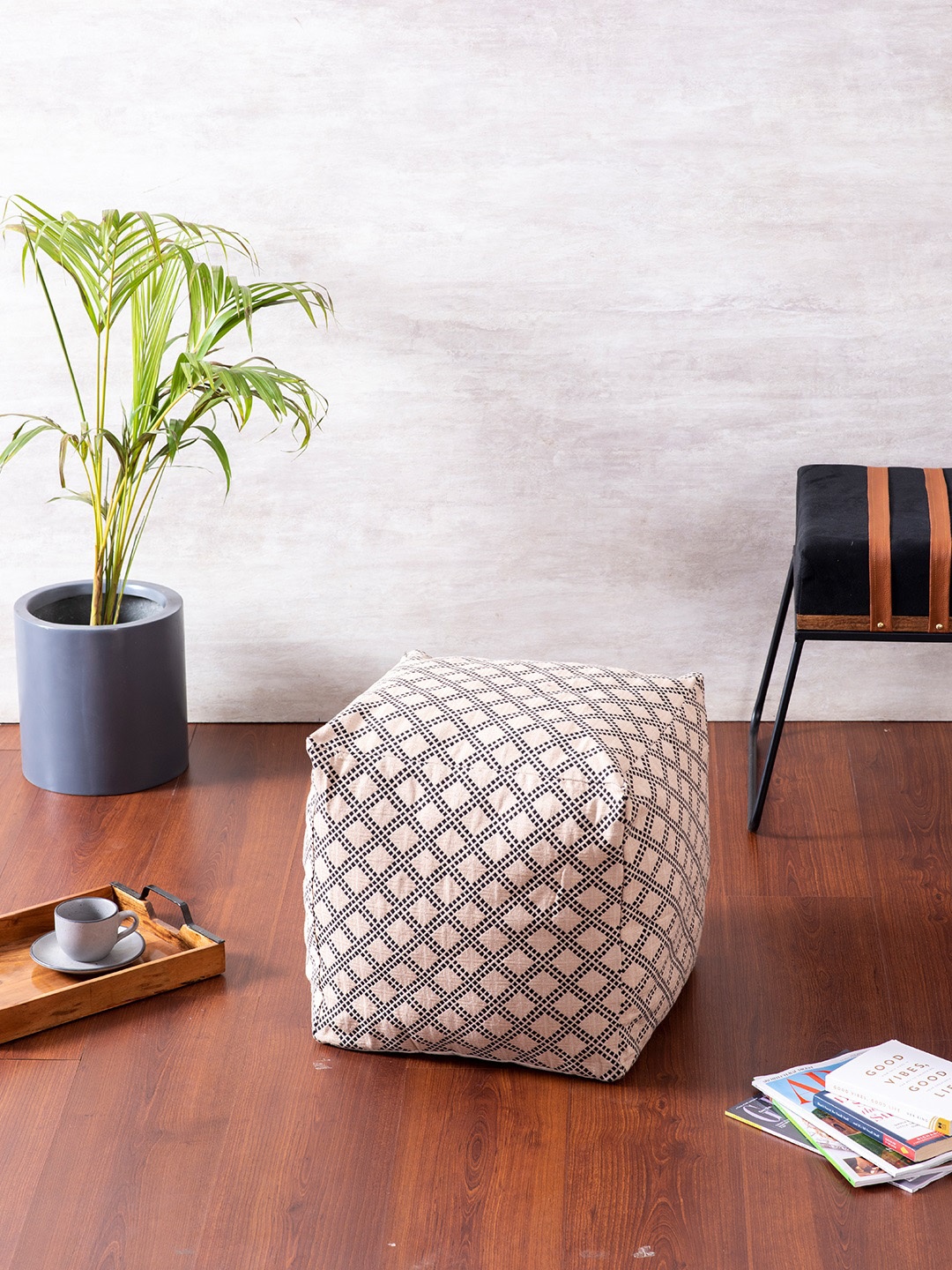 

nestroots Beige & Black Printed Cube Cotton Ottoman