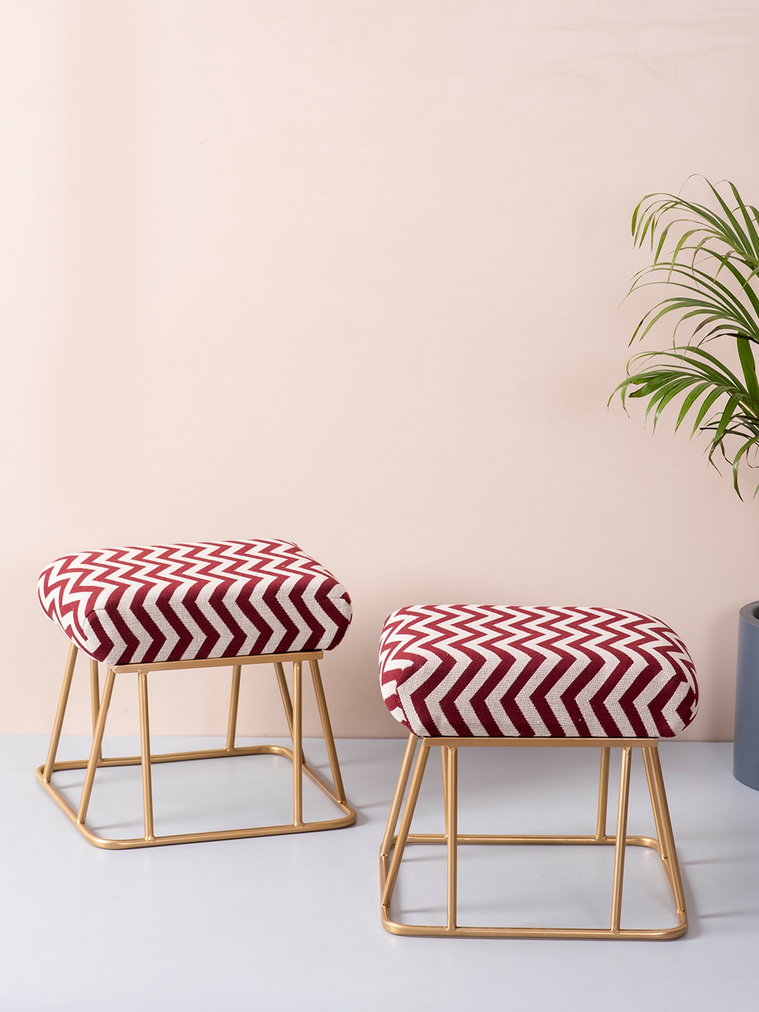 

nestroots Set of 2 Gold-Toned & Red Printed Metal Ottoman