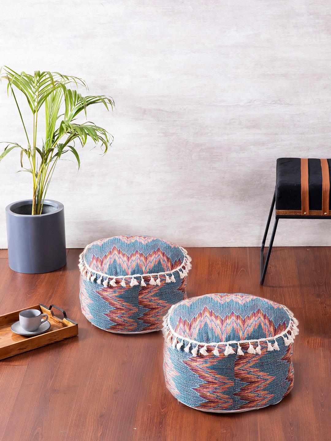 

nestroots Blue & Red Set of 2 Round Ottomans