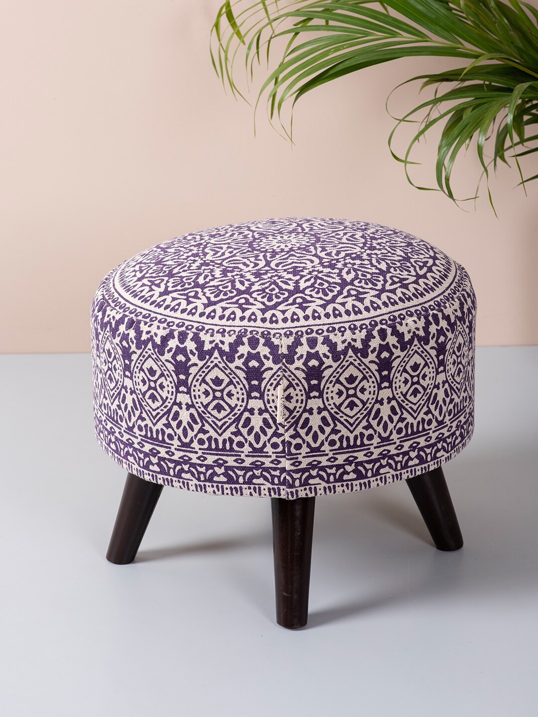

nestroots Purple & White Printed Round Shaped Wood Ottoman