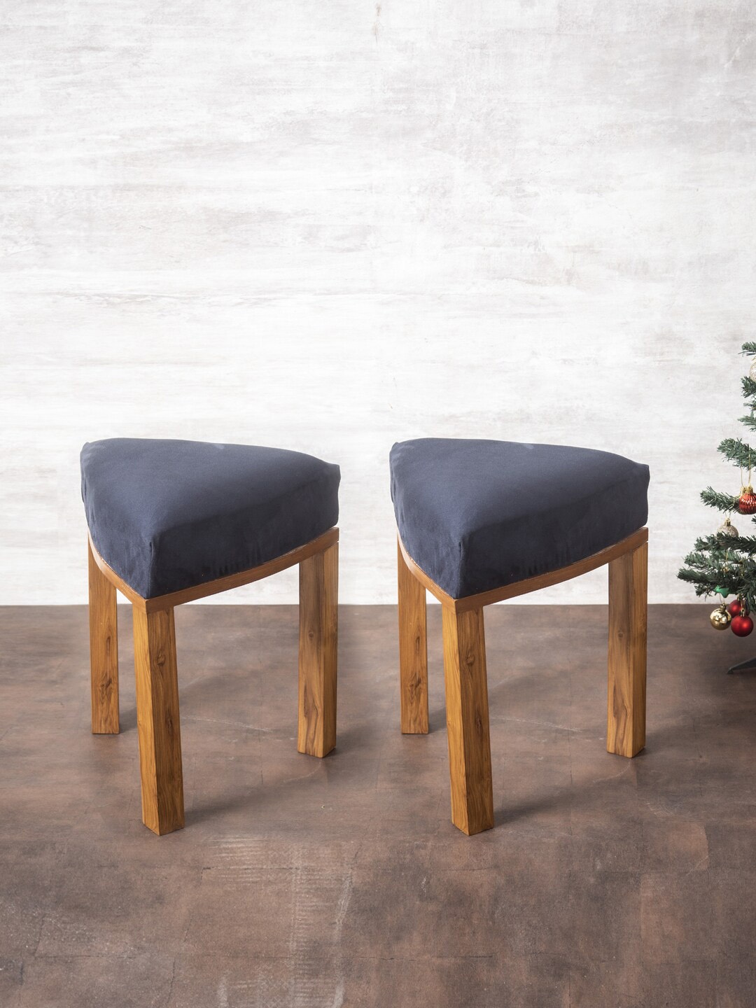 

nestroots Set Of 2 Blue & Brown Solid Triangle Wooden Velvet Ottomans