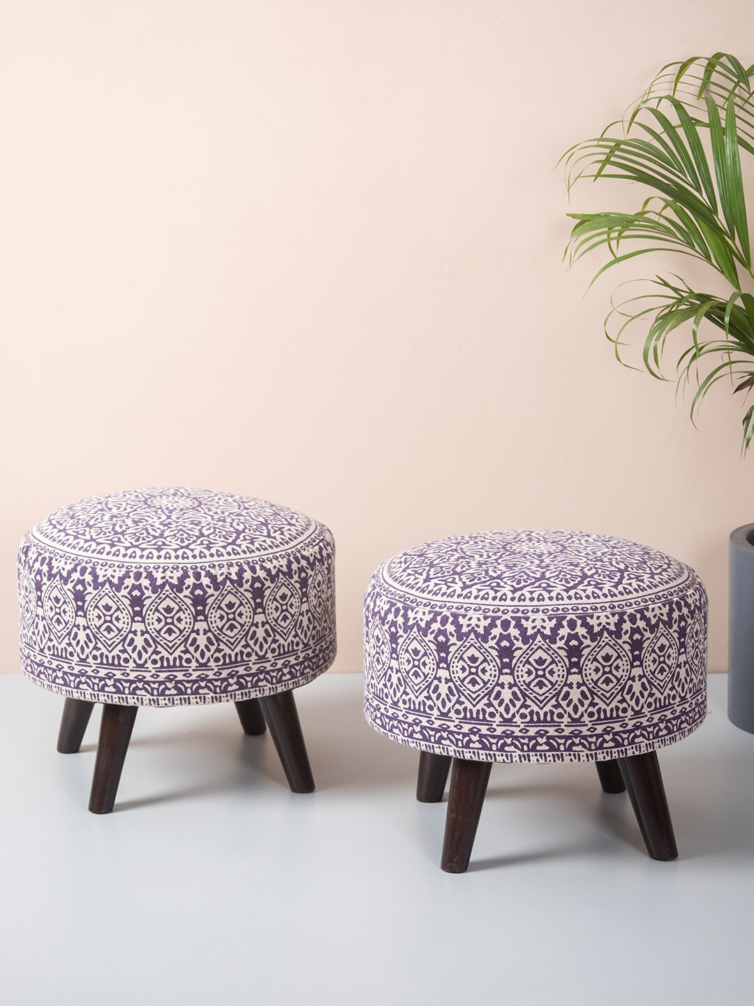 

nestroots Set Of 2 Purple & White Printed Wood Ottoman