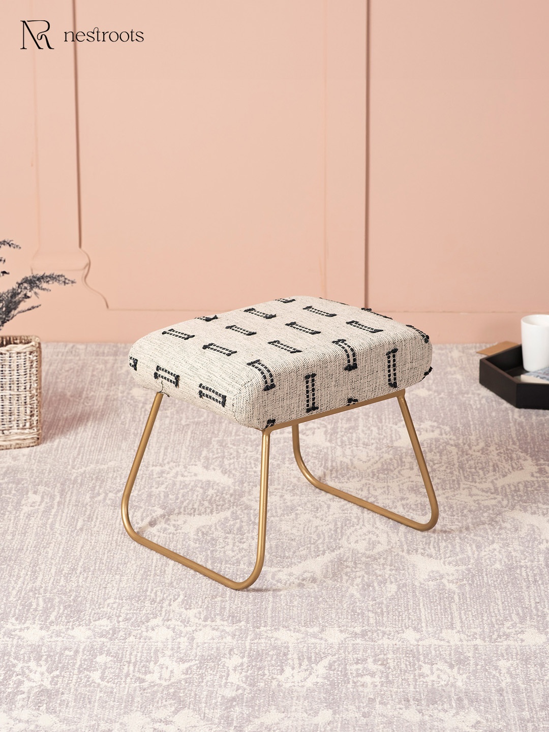 

nestroots Off White & Golden Toned Metallic Ottoman Stool