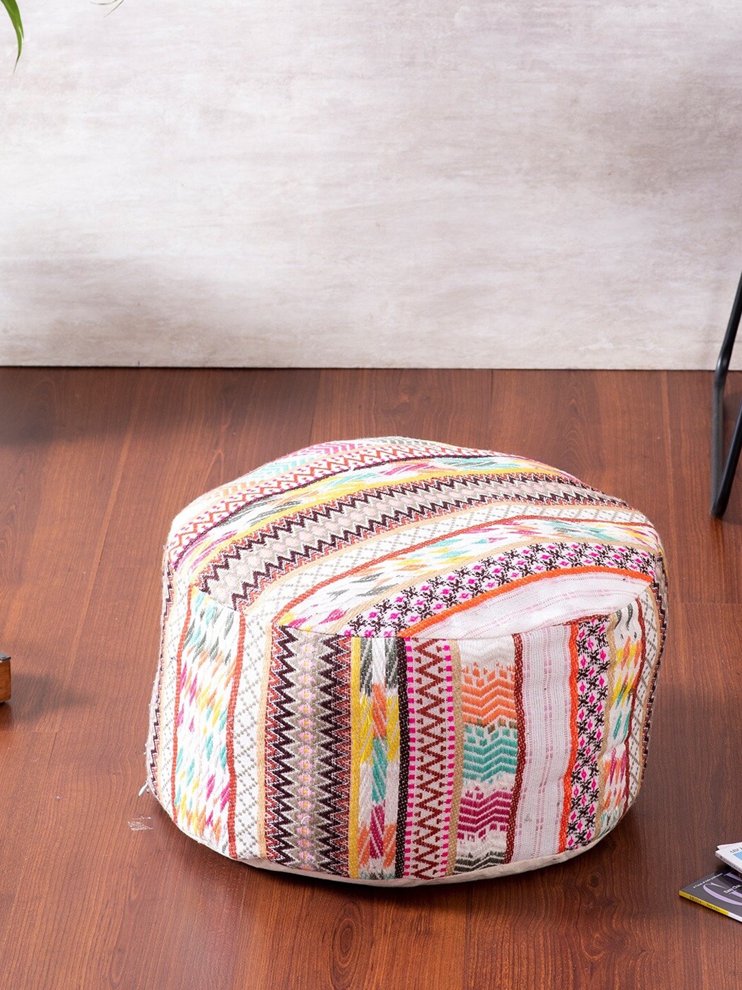 

nestroots Multicoloured Geometric Round Ottoman, Multi