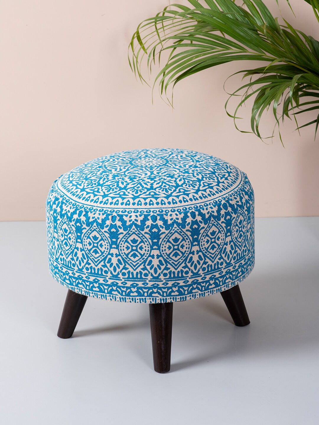 

Nestroots Blue & White Printed Round Ottoman