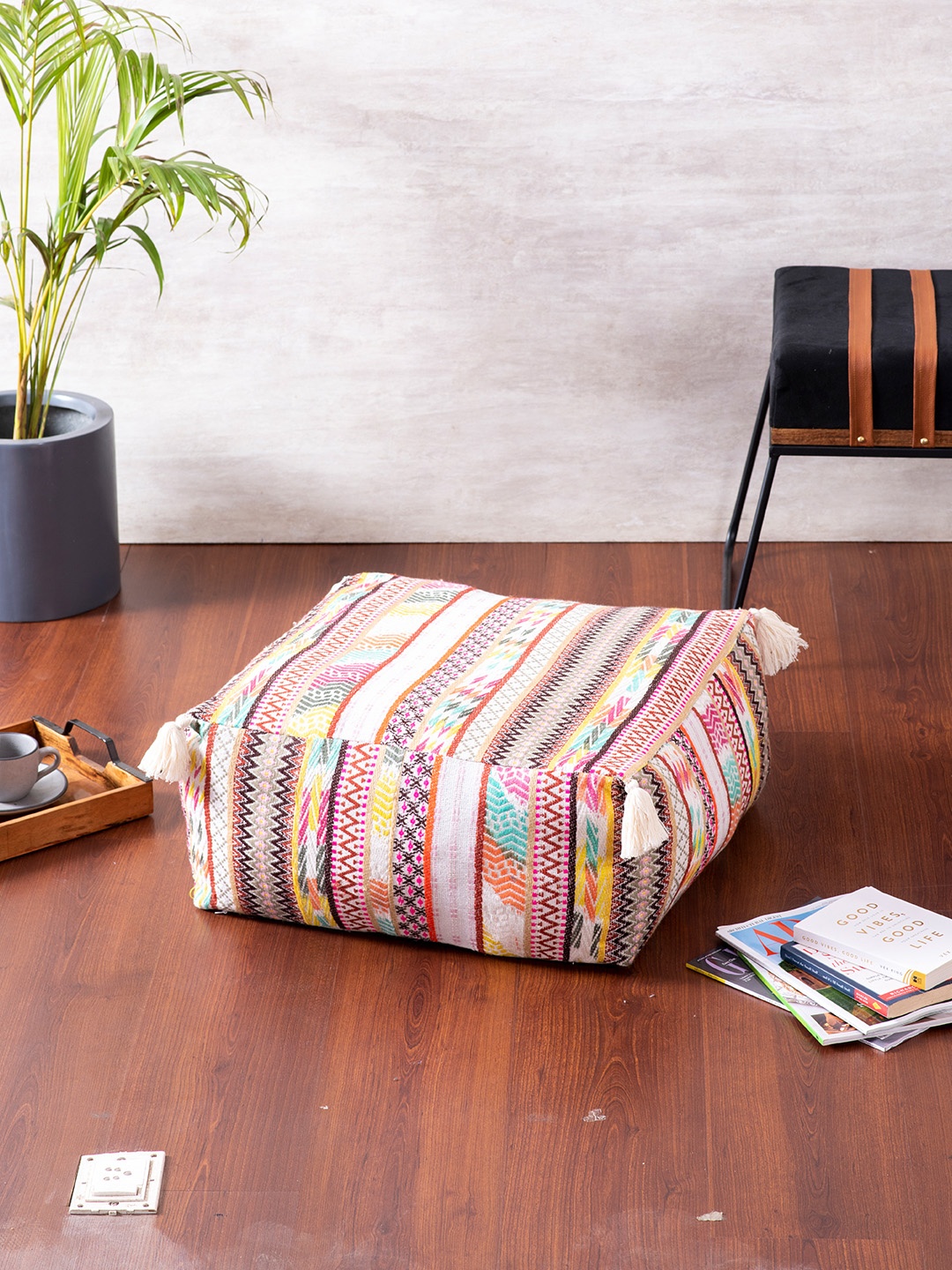 

nestroots Multicoloured Geometric Woven Design Square Ottoman, Multi